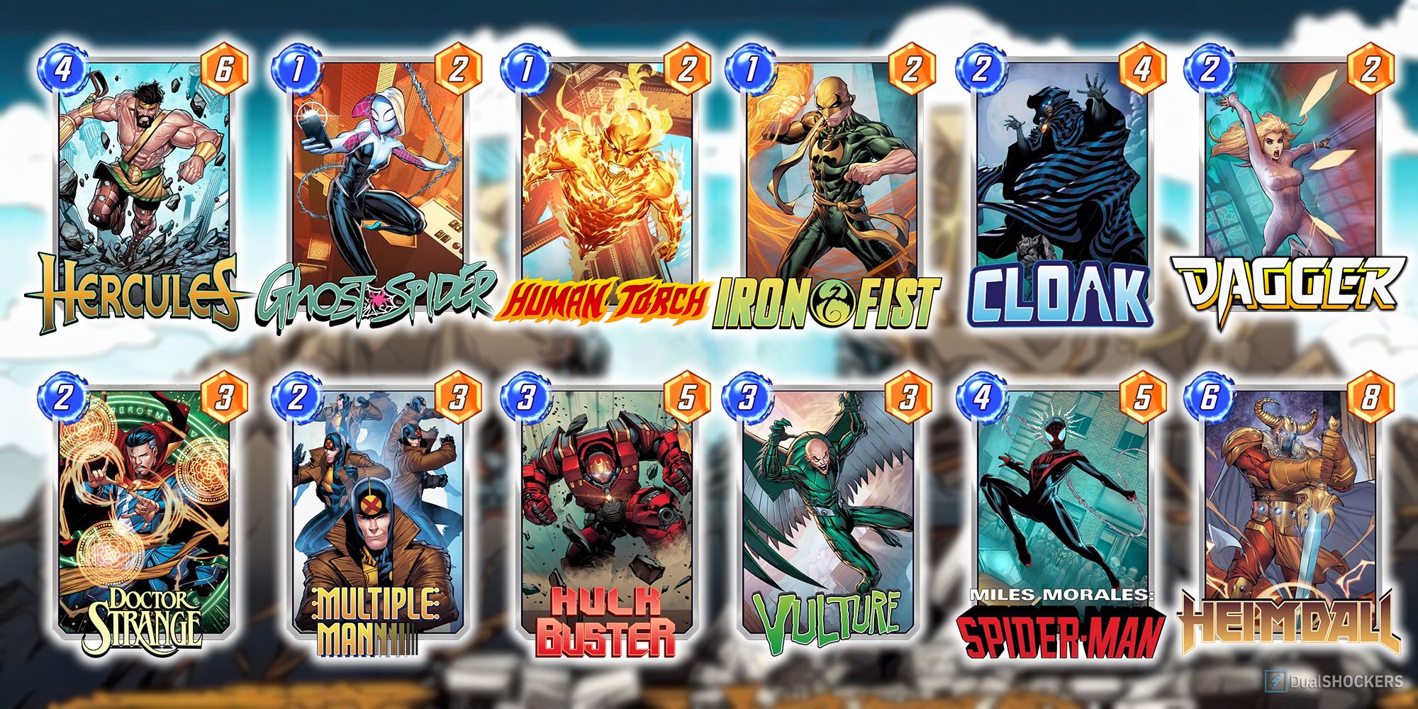 Marvel Snap deck comprised of Hercules, Ghost Spider, Human Torch, Iron Fist, Cloak, Dagger, Doctor Strange, Multiple Man, Hulk Buster, Vulture, Miles Morales' Spider-Man, and Heimdall.