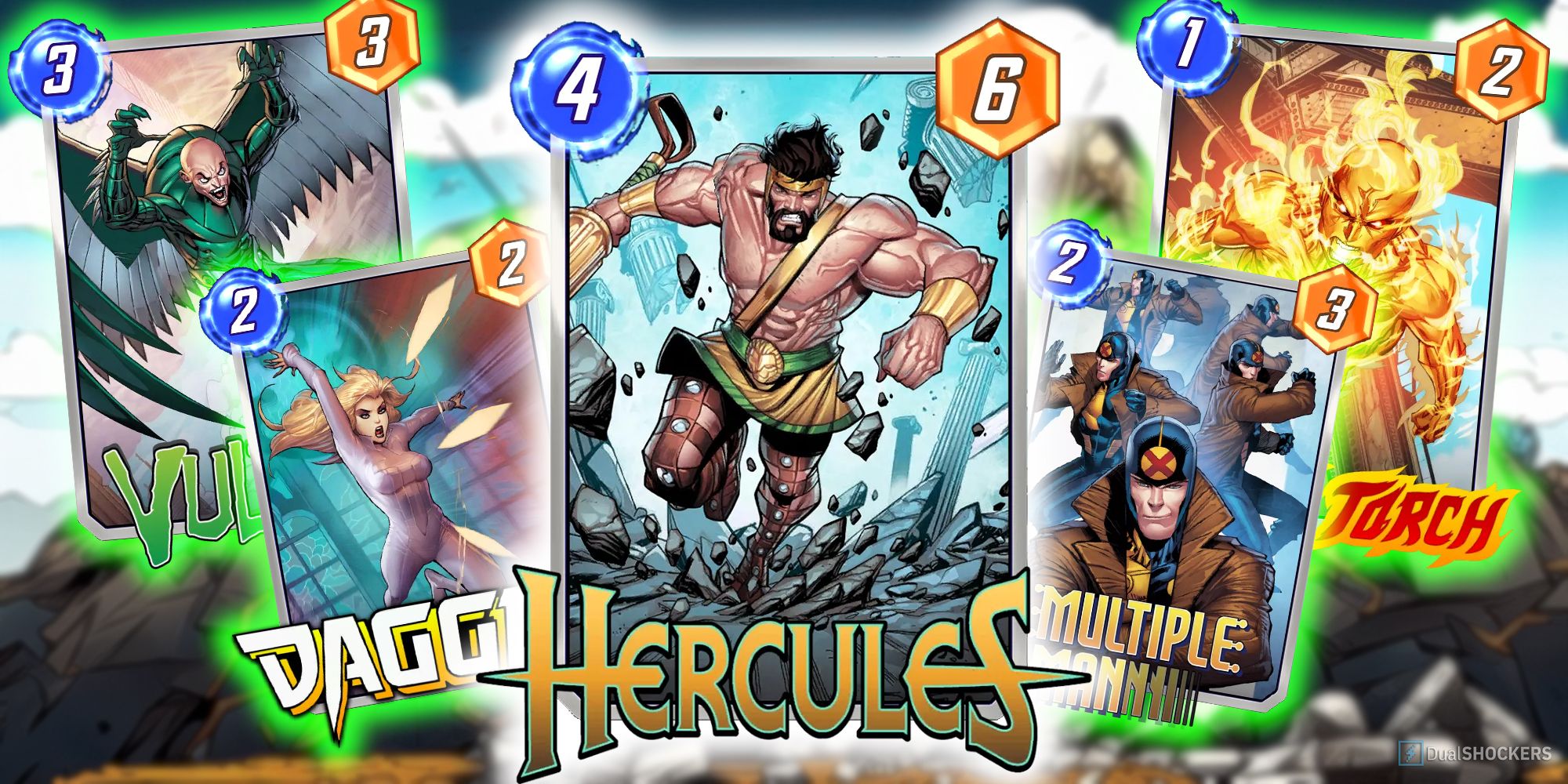 Marvel Snap's Hercules card surrounded by Vulture, Dagger, Multiple Man, and the Human Torch.