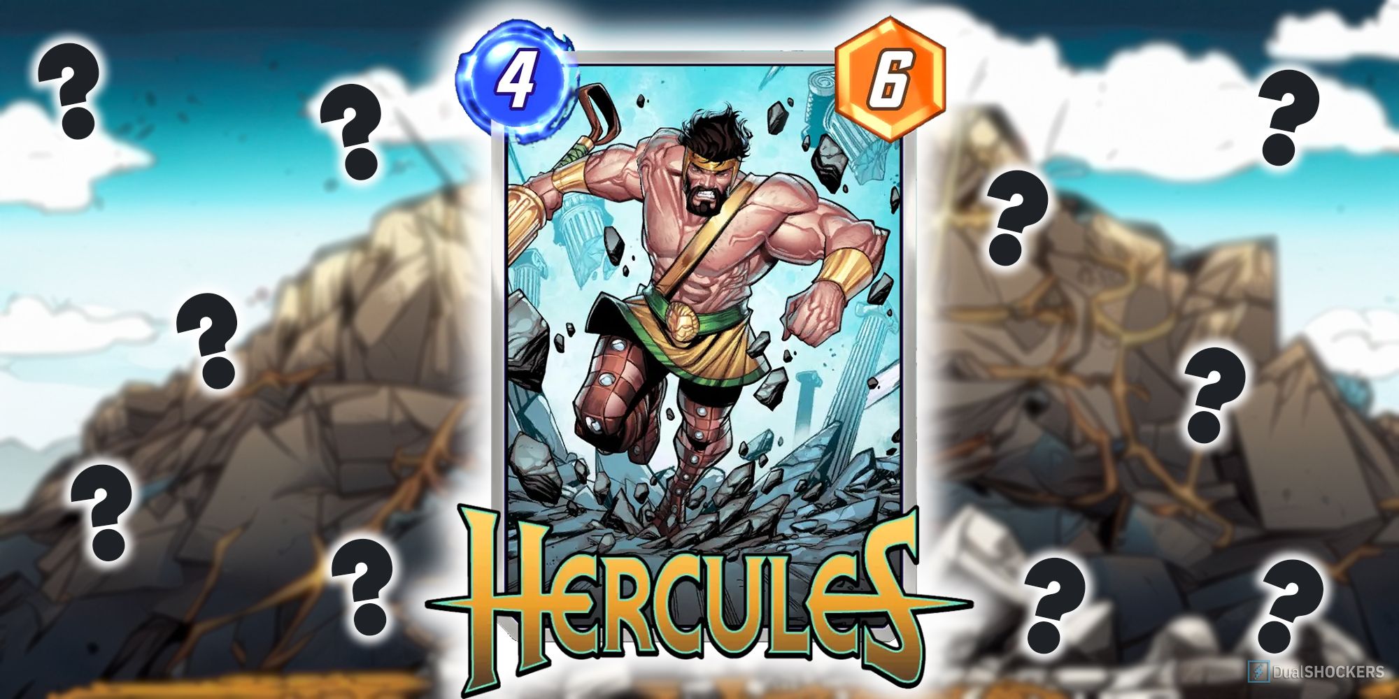 Marvel Snap's Hercules card surrounded by question marks.