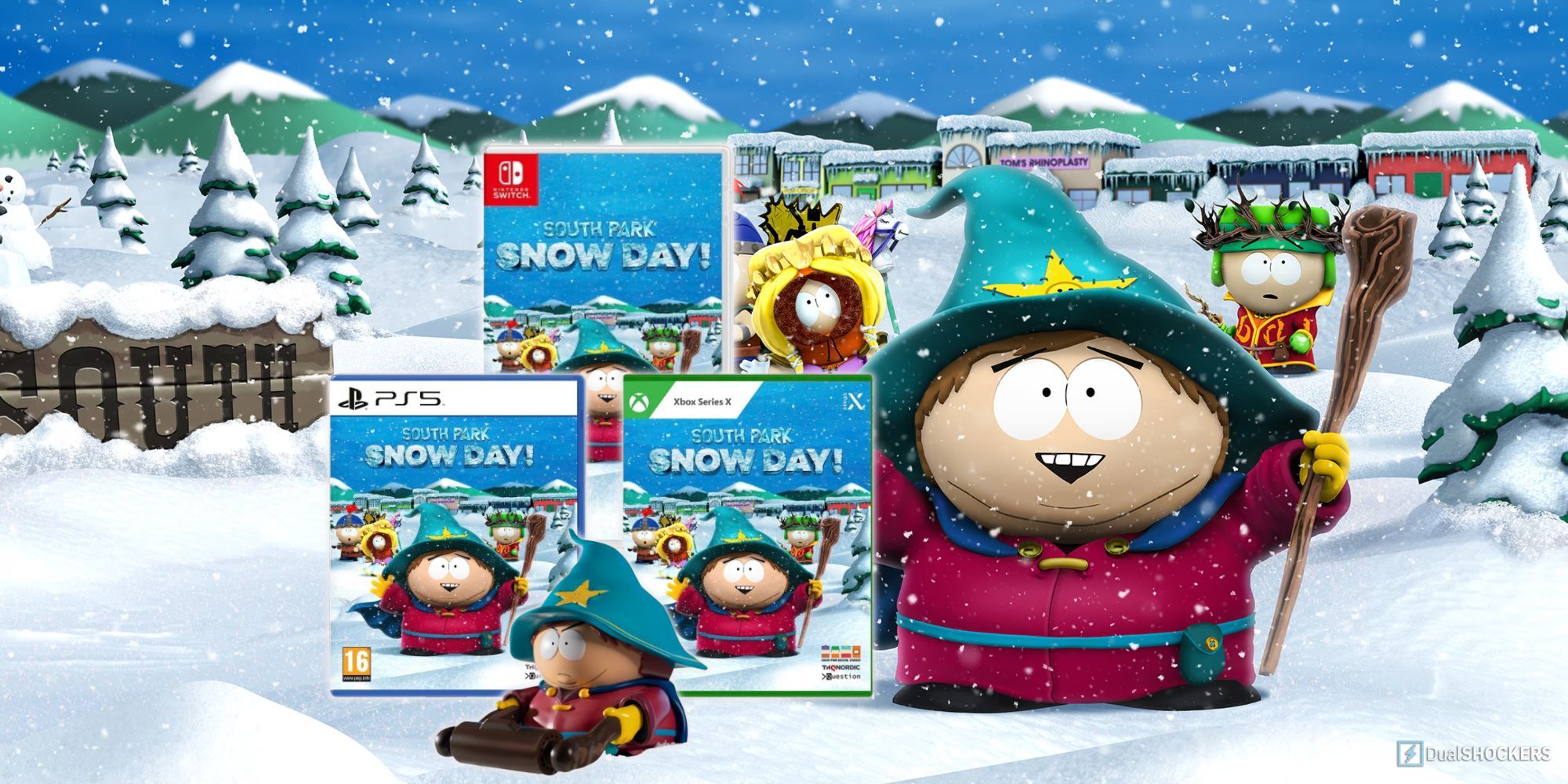 Feature image with the South Park: Snow Day! background behind the platform covers of the game and a figure of Cartman.