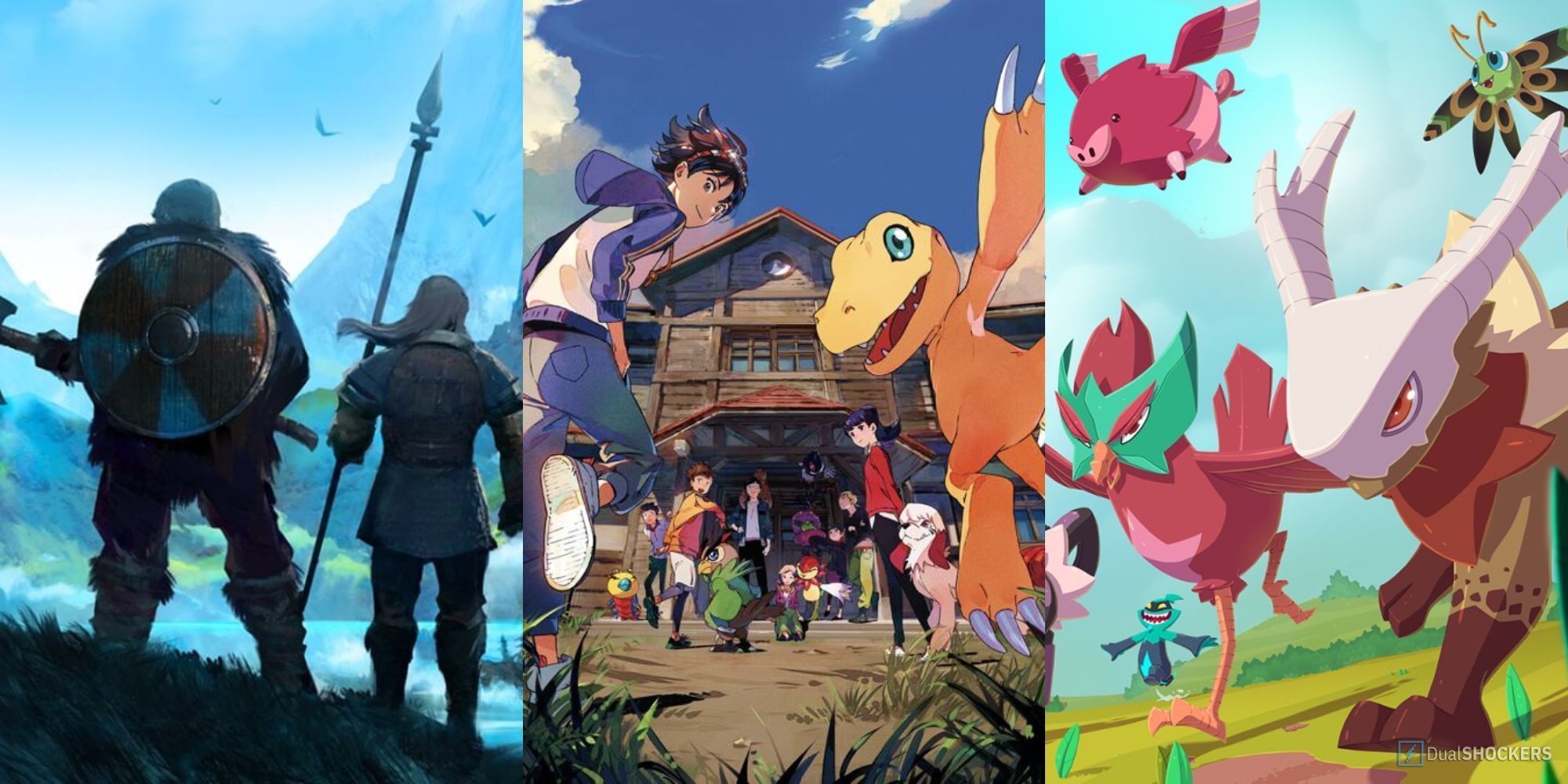 Split feature image with stills from Valheim, Digimon Survive, and Temtem.