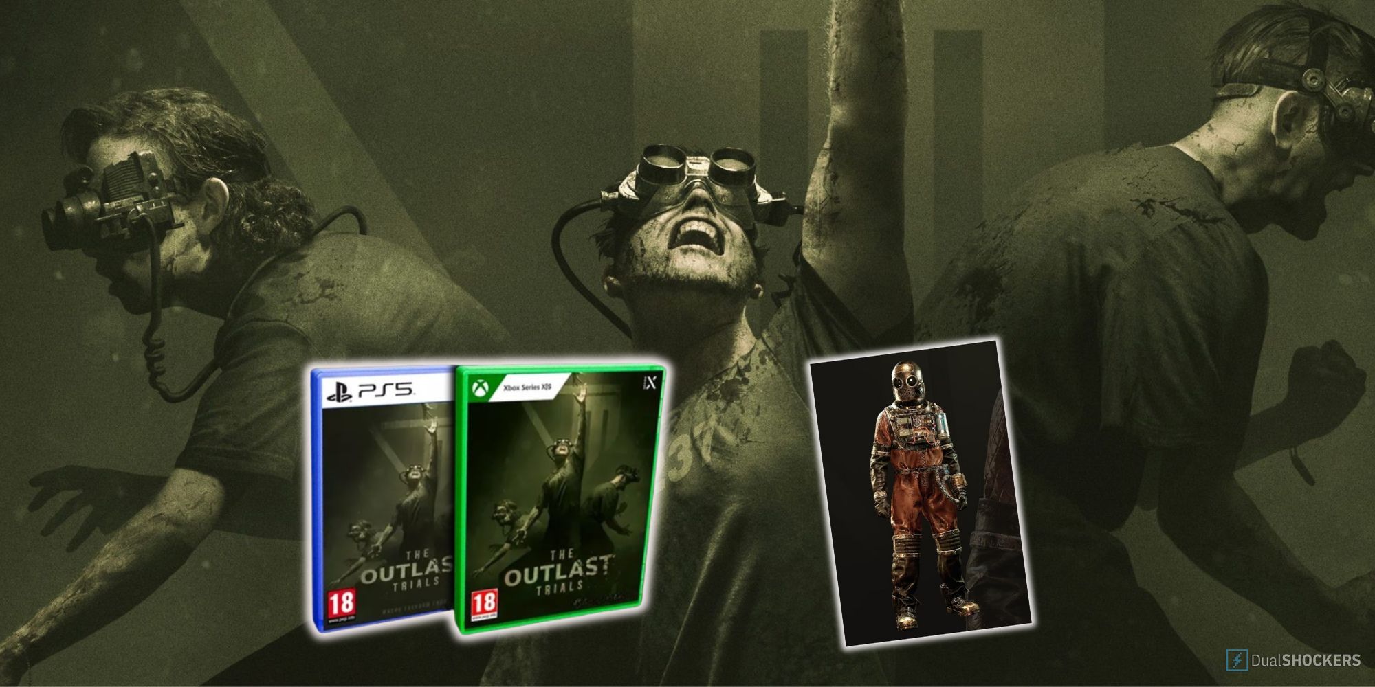Feature image for The Outlast Trials with three guys wearing googles next to the cover art of the game.