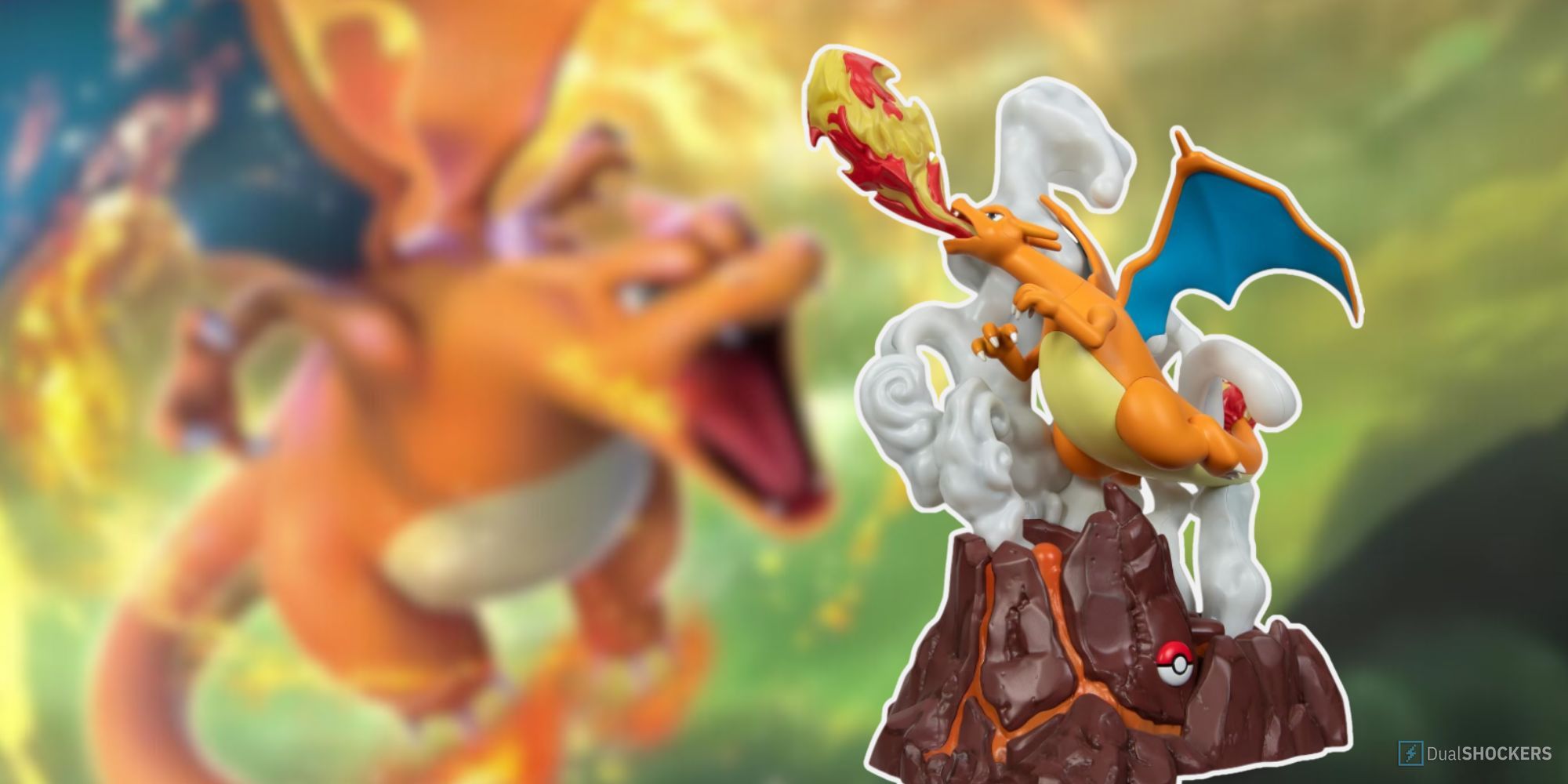Feature image of the Pokemon Charizard Collector's Statue  with a blurred Charizard image in the background