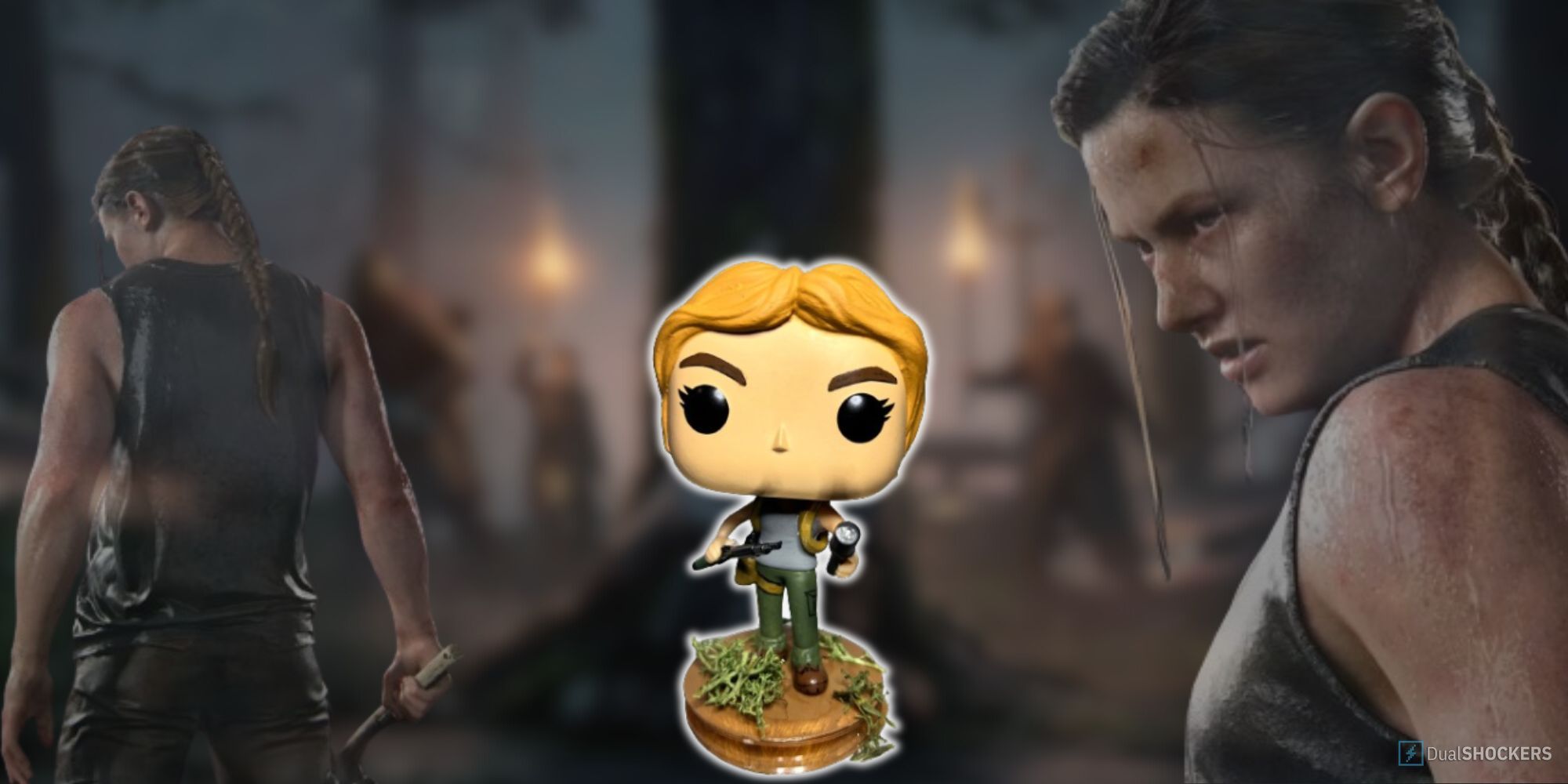 Feature image showing Abby The Last of Us 2 Pop Figure with faded images of the antagonist on either side.
