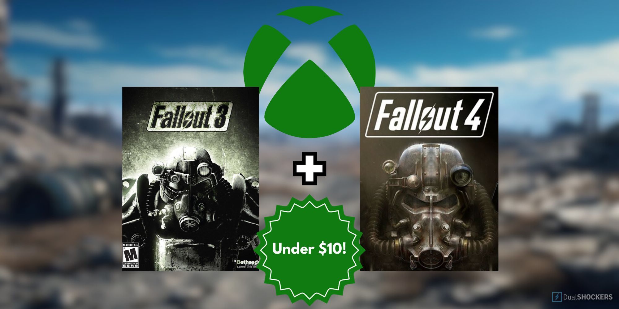 Feature image with the covers from Fallout 3 & Fallout 4 on a blurry wasteland background with a green 