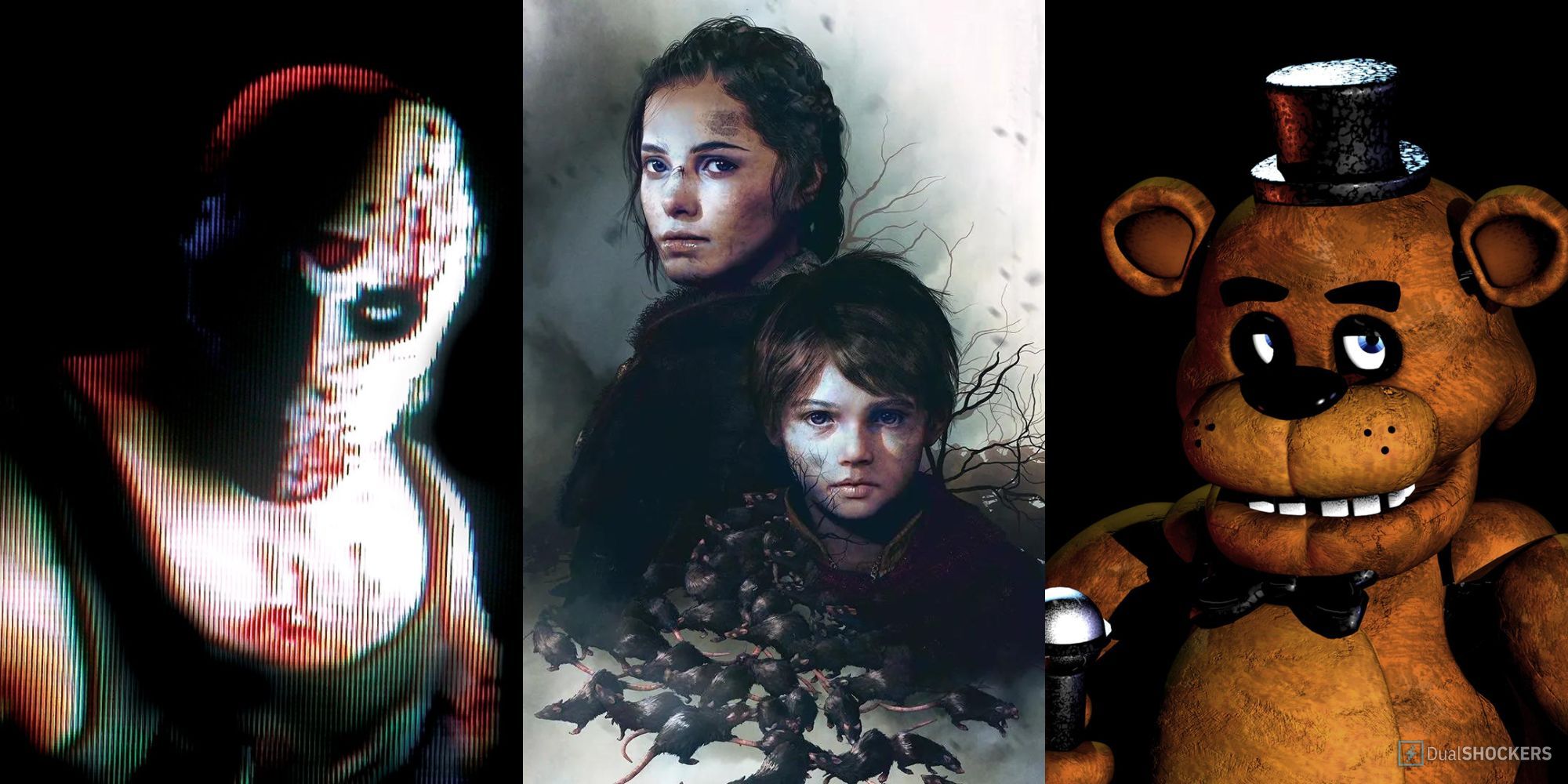 Split feature image with Manhunt, A Plague Tale, and Freddy from Five Nights at Freddy's