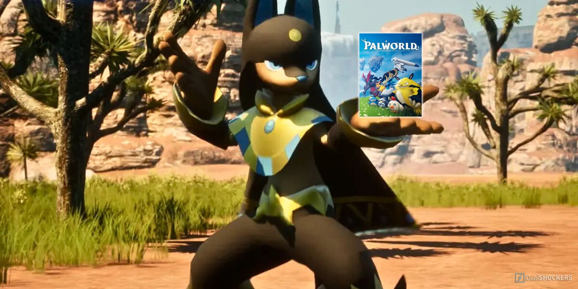 Featured image with Palworld character Anubis holding the game's cover in its hand.