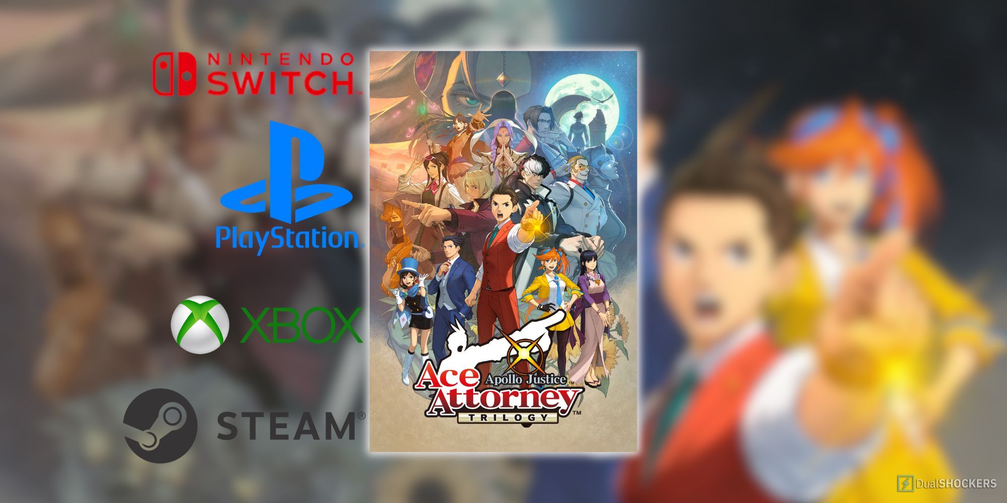Feature image with the Apollo Justice: Ace Attorney Trilogy Pre-Order Guide cover, game platform logos and a blurred Ace Attorney background with characters