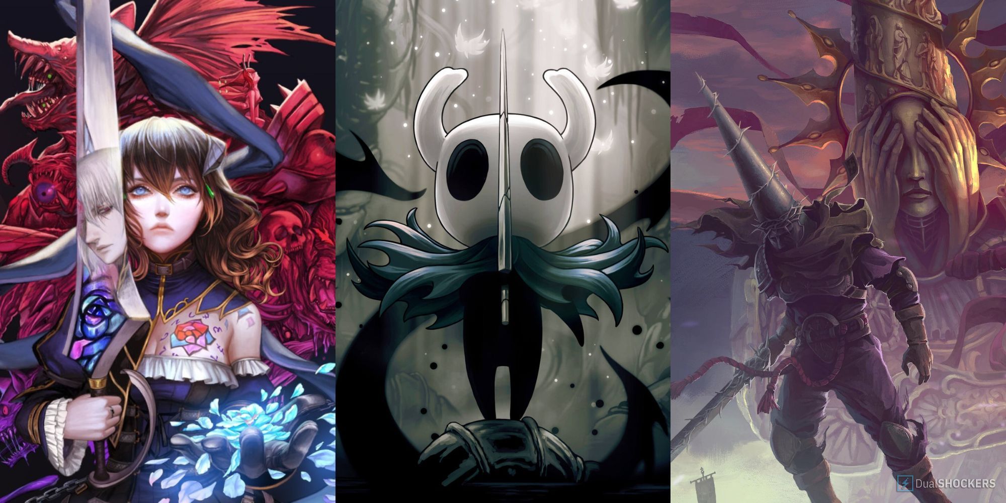 Split Metroidvania feature image with Hollow Knight, Bloodstained, Blasphemous