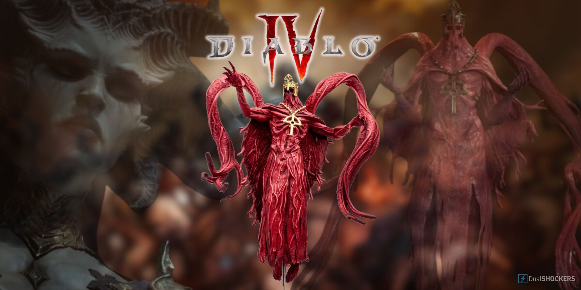 Product shot of the Blood Bishop figure with the villain and Lilith in the background with the Diablo 4 logo.