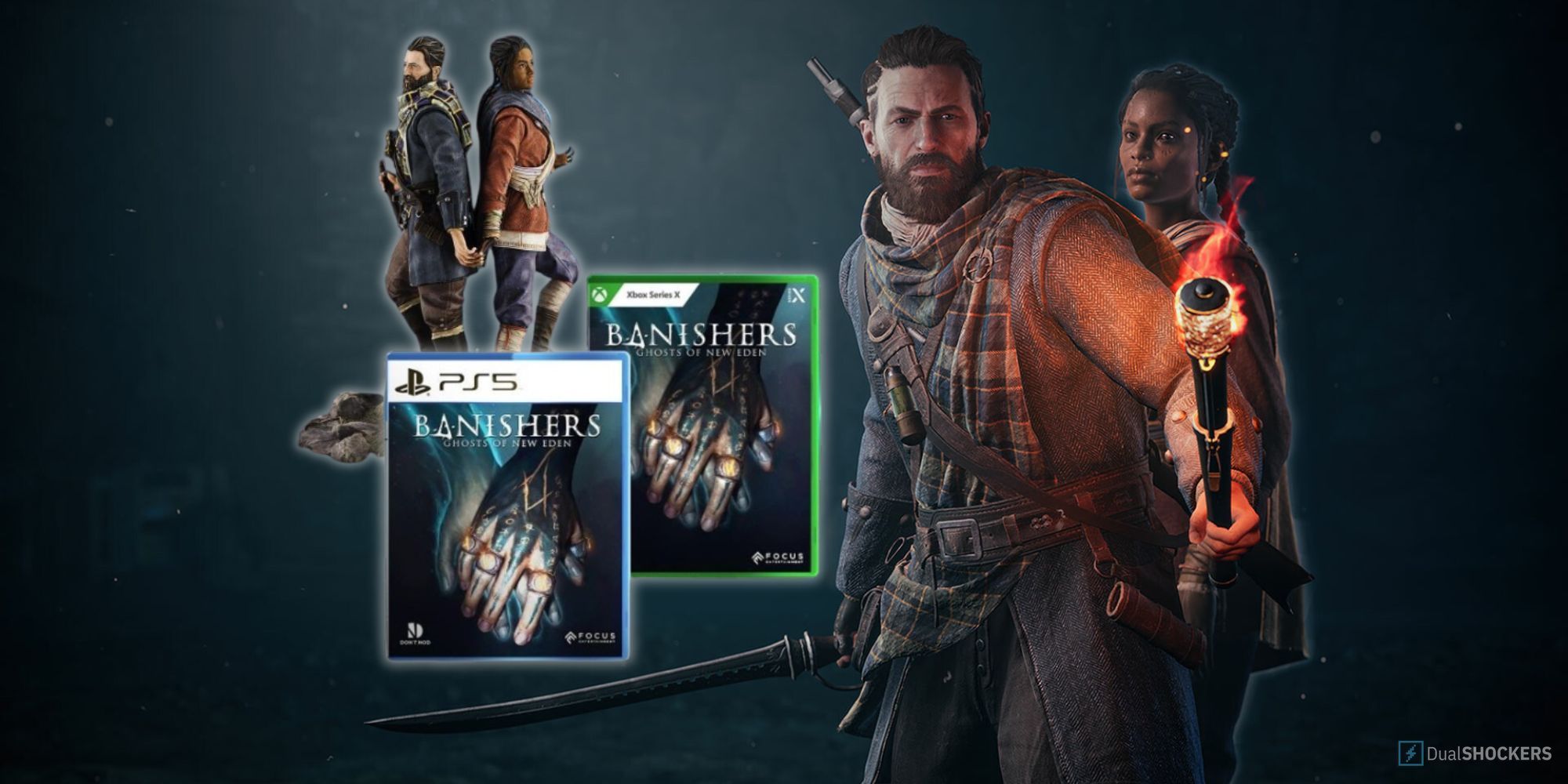Feature image with the protagonists from  pre-order guide feature image holding a torch beside the PS5 and Xbox cases and a figure