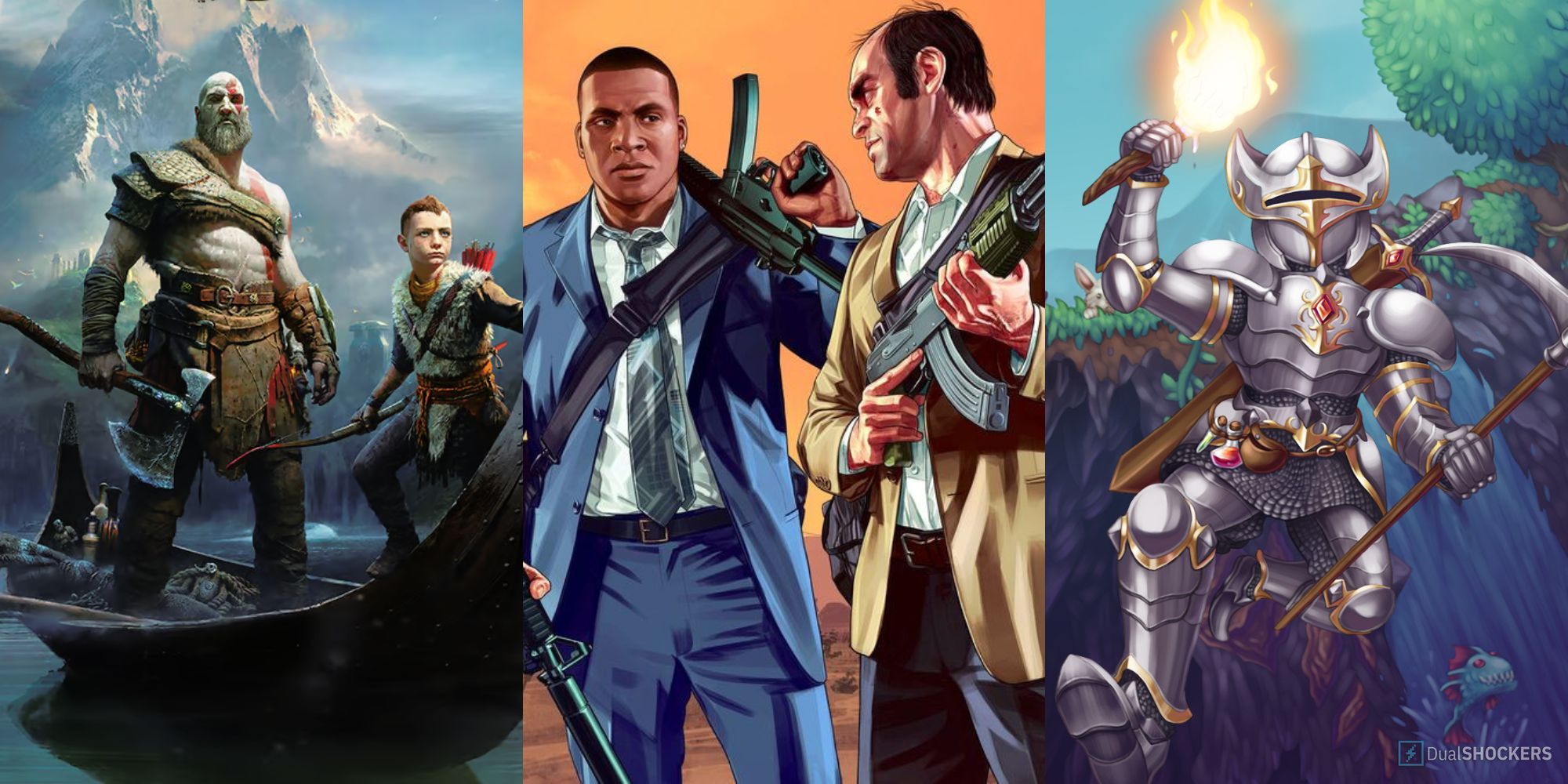 Split feature image with characters from God of War, Grand Theft Auto V, and Terraria