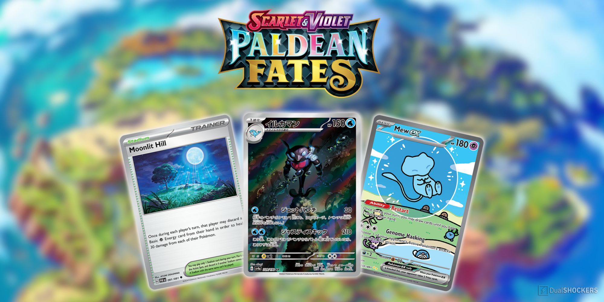 Feature image with three cards from Paldean Fates on a blurry map background.