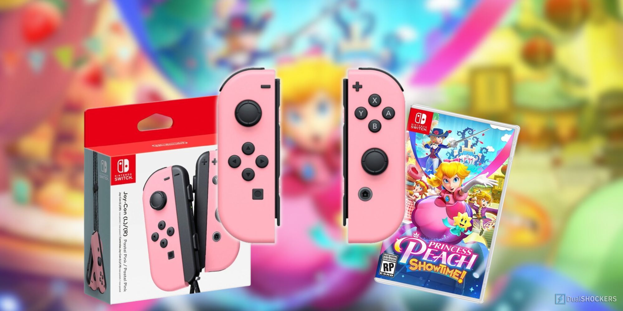 Feature image shows Nintendo's Pastel Pink Joy-Cons, the controller box, and the case for Princess Peach: Showtime.