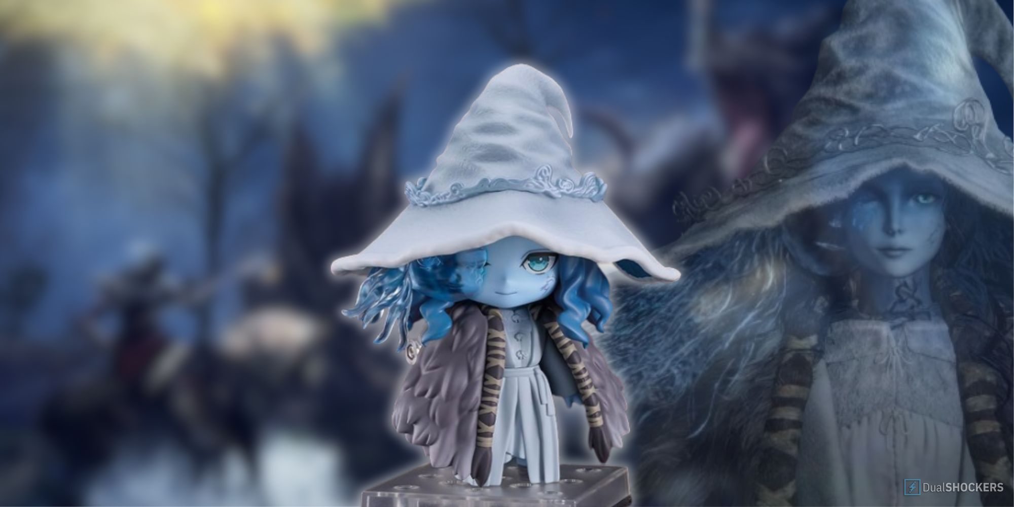 Product image of the Elden Ring Ranni Nendoroid with a faded image of the charcater in the background