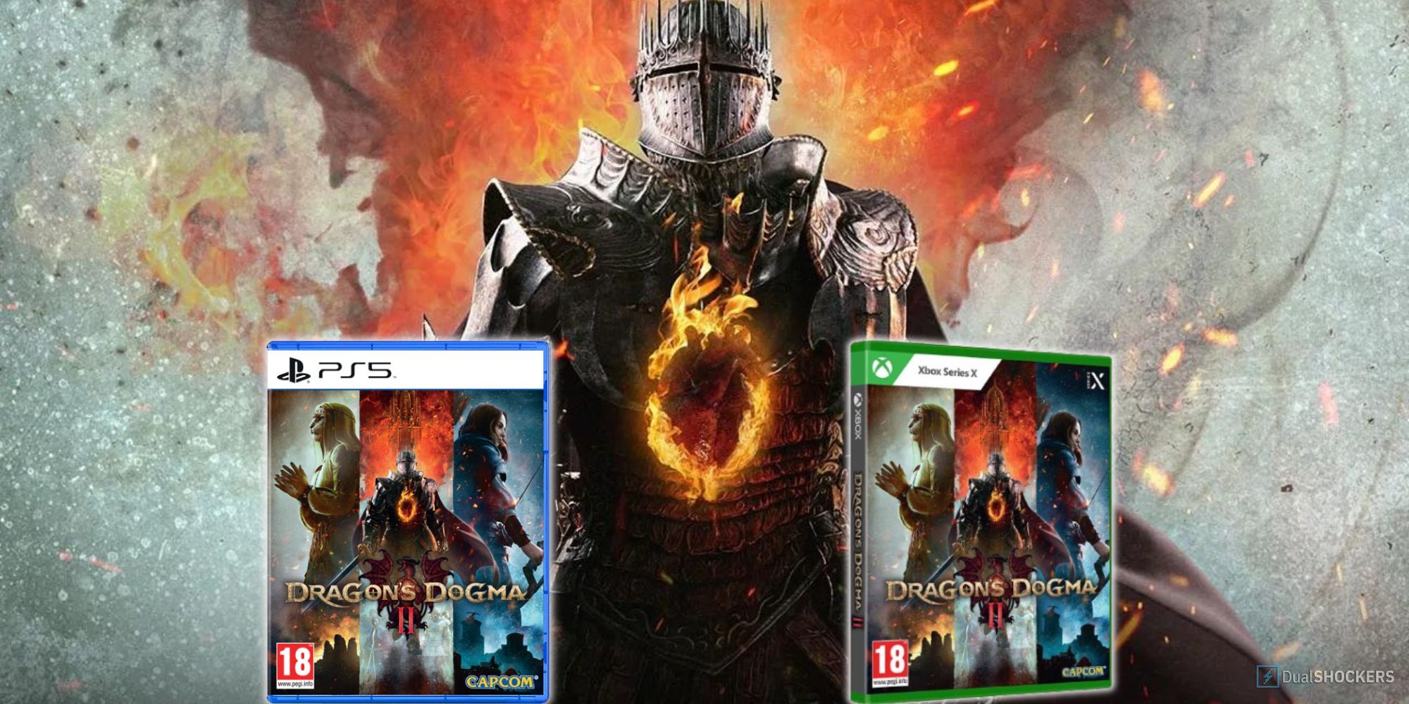 Feature image with Dragon's Dogma 2 knight in the background and the PS5 and Xbox covers on either side.