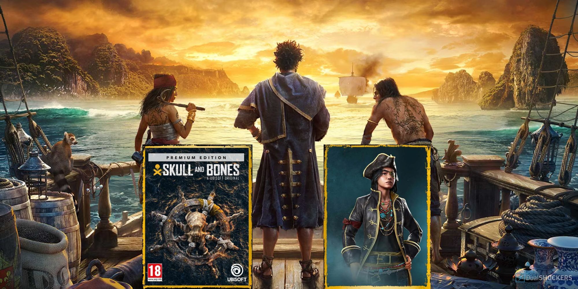 Skull and Bones pre-order guide feature image showing three pirates looking out at sea the with cover and pre-order bonus beside.