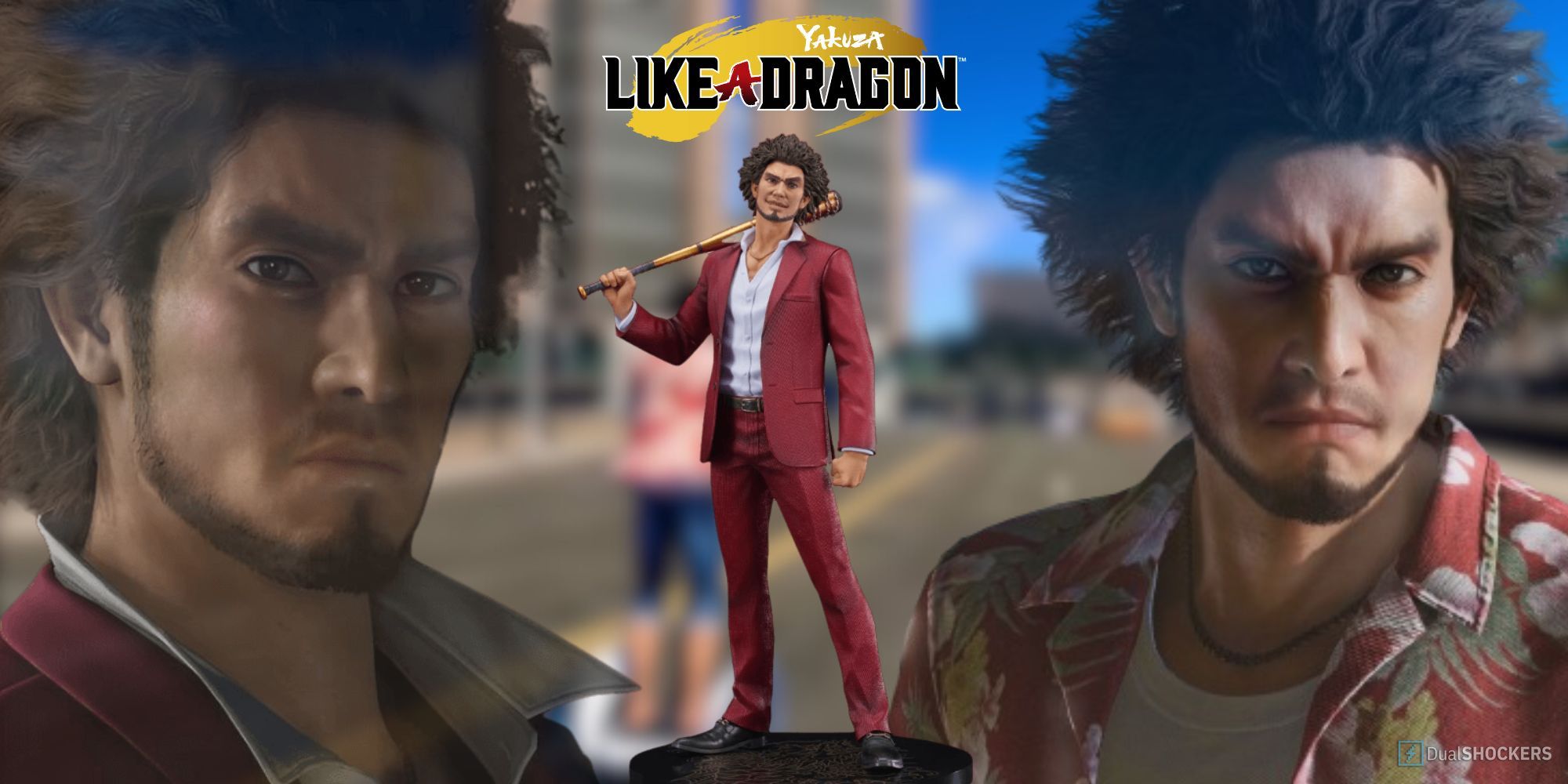 Feature image with a product still of the Like a Dragon Kasuga Ichiban DIGSTA Statue accompanied by two faded portraits of the character