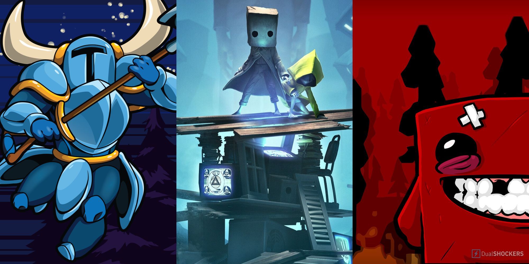 Split feature image with Shovel Knight, Little Nightmares, and Super Meat Boy