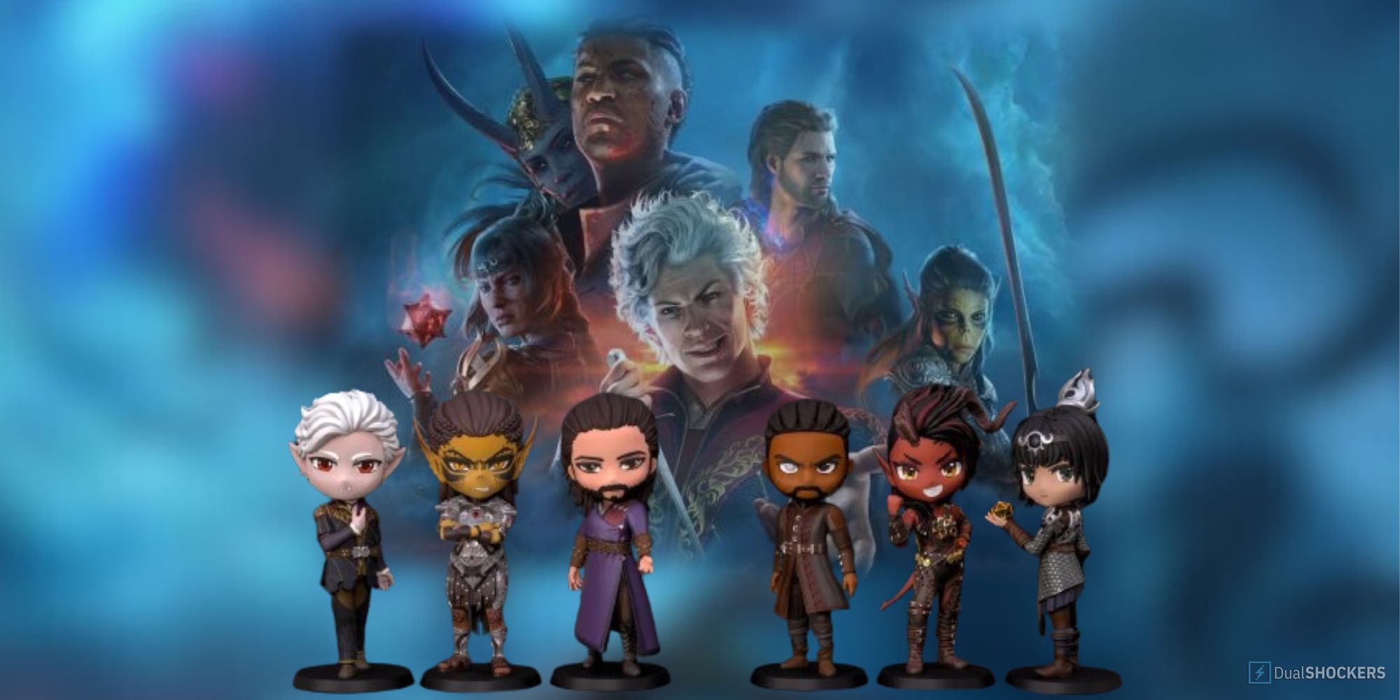 Feature image with chibi Baldur's Gate 3 characters in front of a faded image of the characters from the game.