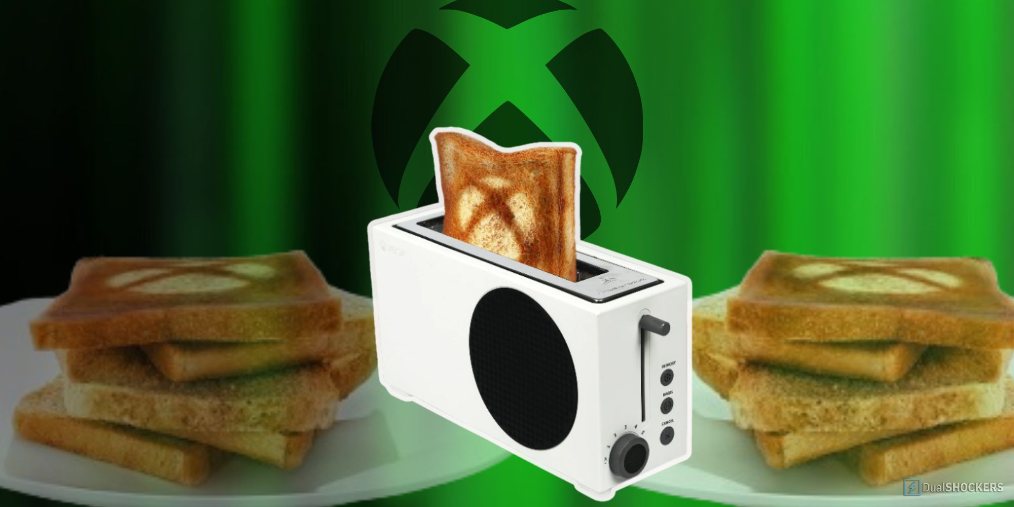 Product still of the Xbox Series X Toaster on a green background with the Xbox logo and toast