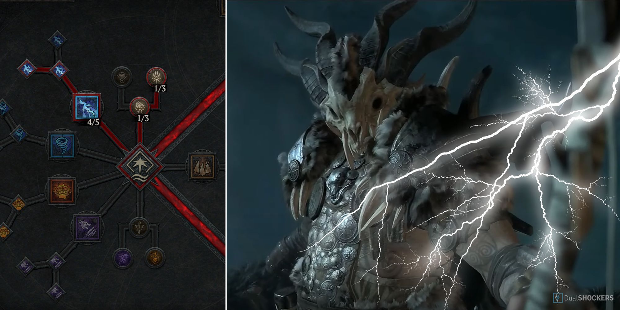 A screenshot of the Druid Skill tree next to an image of a druid shooting lightning from Diablo 4