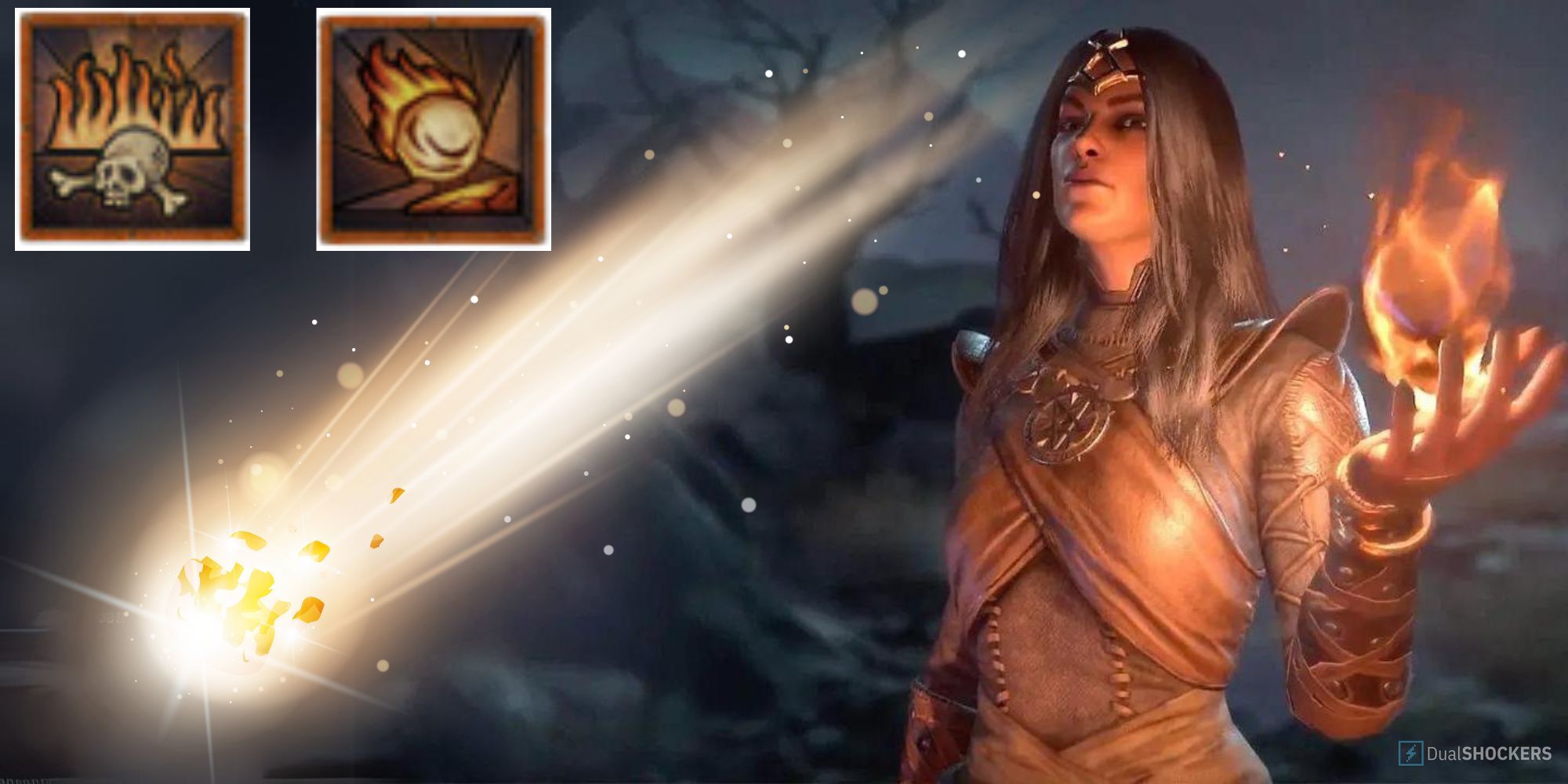 A sorcerer holding a flame alongside the symbols for the Meteor and Firewall Spells in Diablo 4