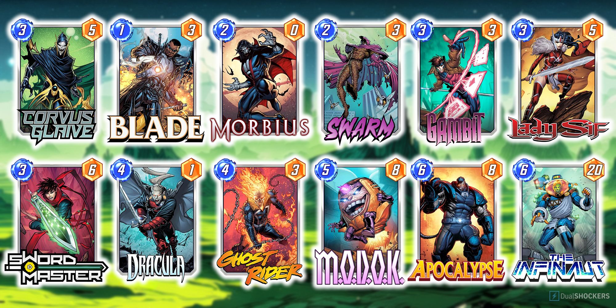 Marvel Snap deck comprised of Corvus Glaive, Blade, Morbius, Swarm, Gambit, Lady Sif, Sword Master, Dracula, Ghost Rider, M.O.D.O.K., Apocalypse, and Infinaut.