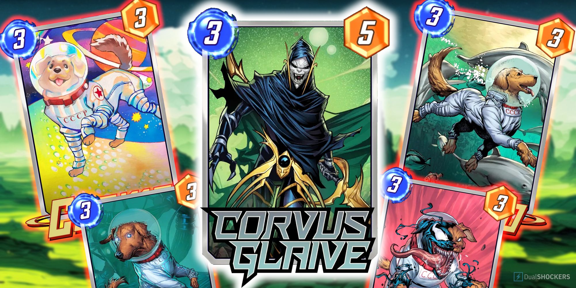 Marvel Snap's Corvus Glaive card surrounded by variants of Cosmo the Space Dog.