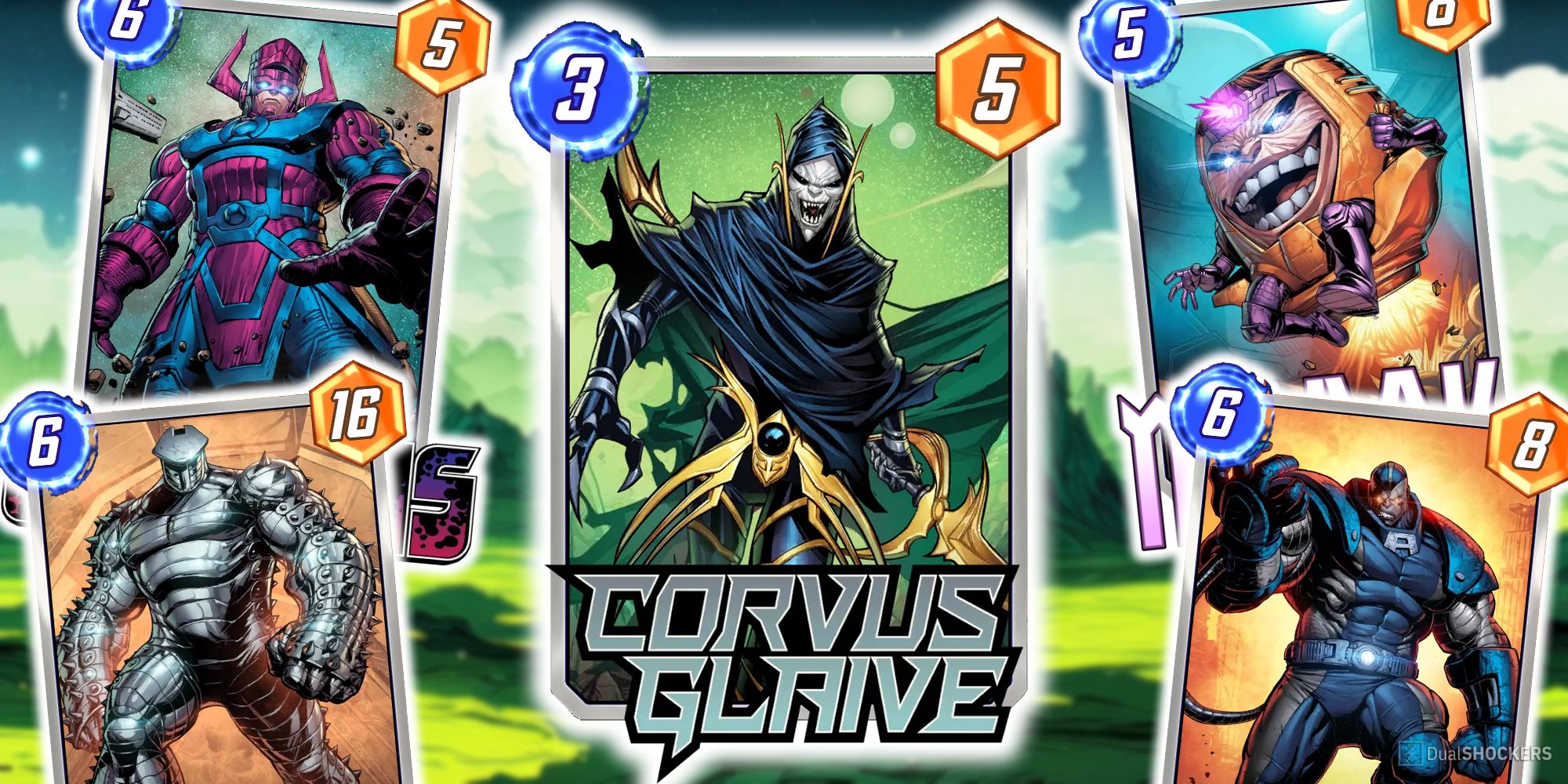 Marvel Snap's Corvus Glaive card surrounded by Galactus, Destroyer, M.O.D.O.K., and Apocalypse.
