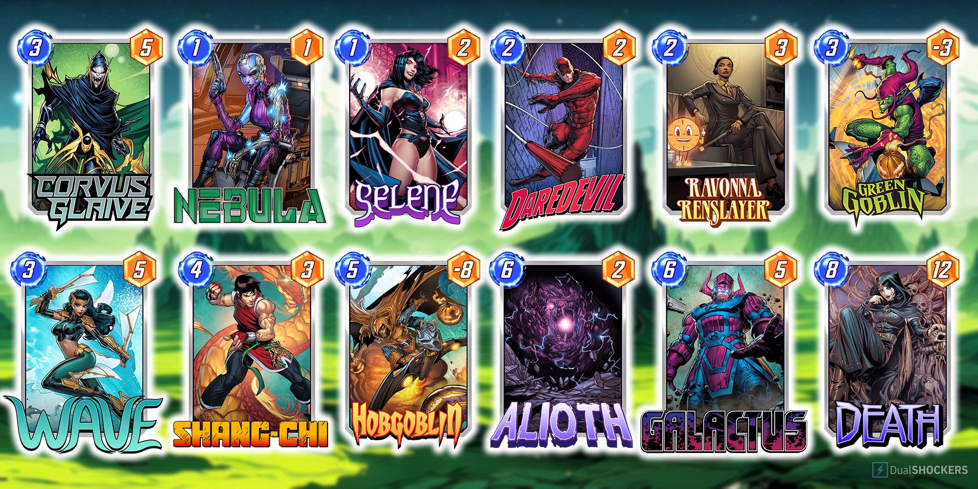 Marvel Snap deck comprised of Corvus Glaive, Nebula, Selene, Daredevil, Ravonna Renslayer, Green Goblin, Wave, Shang-Chi, Hobgoblin, Alioth, Galactus, and Death.