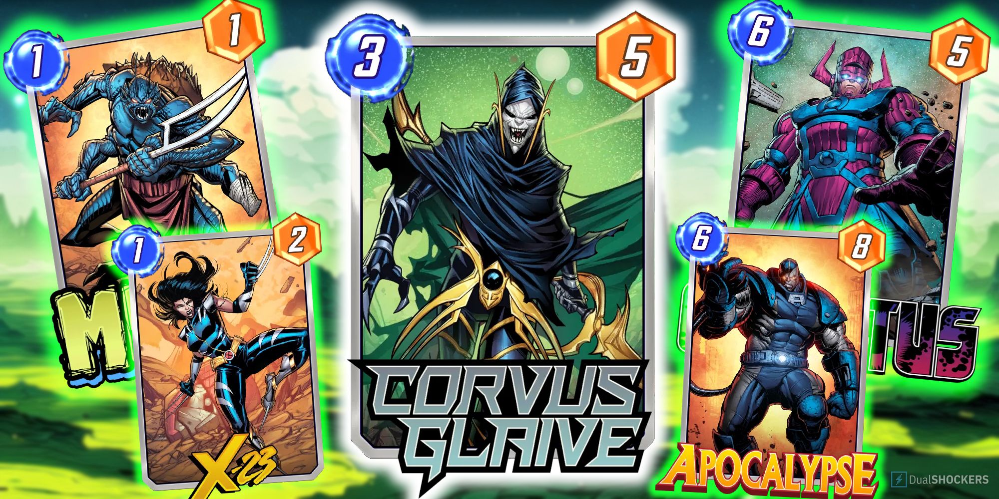 Marvel Snap's Corvus Glaive card surrounded by Miek, X-23, Galactus, and Apocalypse.
