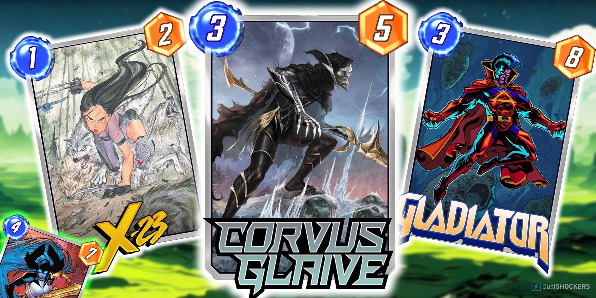 Marvel Snap's Corvus Glaive card surrounded by X-23 and Gladiator Spotlight variants.