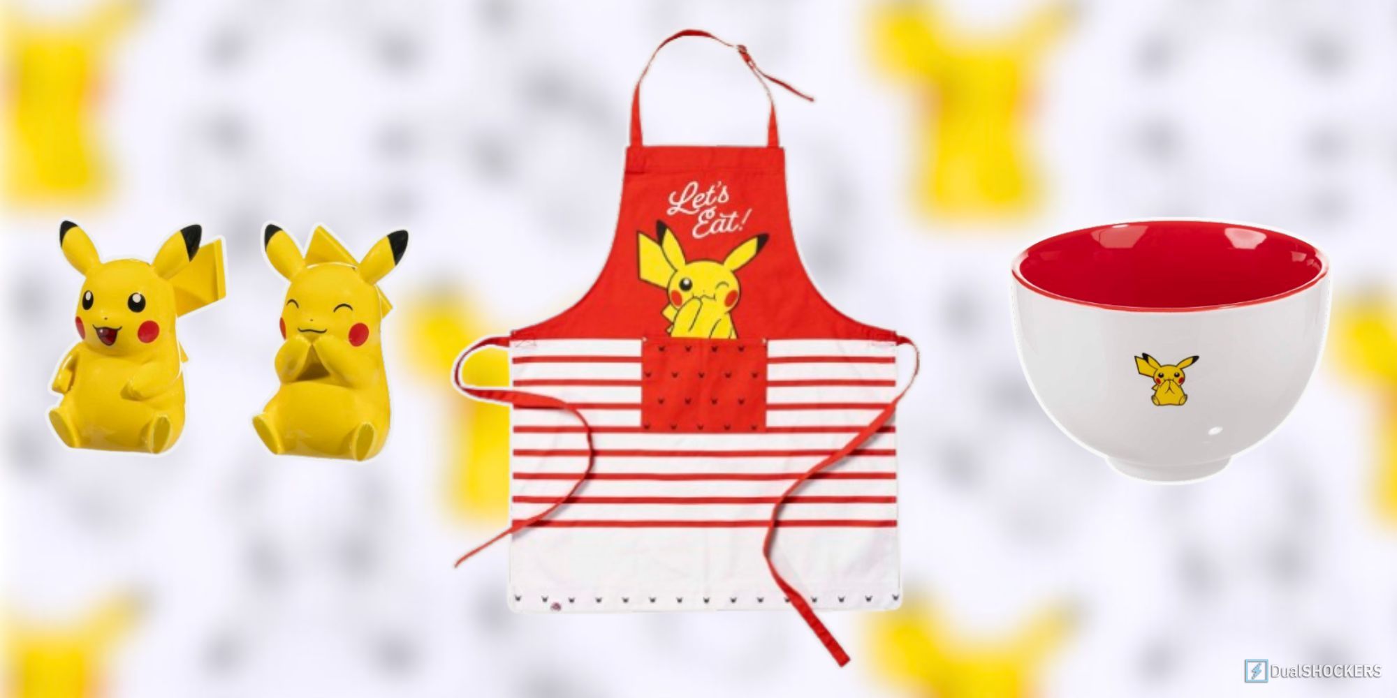 Feature image with Pikachu salt and pepper shakers, an apron, and a bowl on a blurred Pokemon Kitchen background.