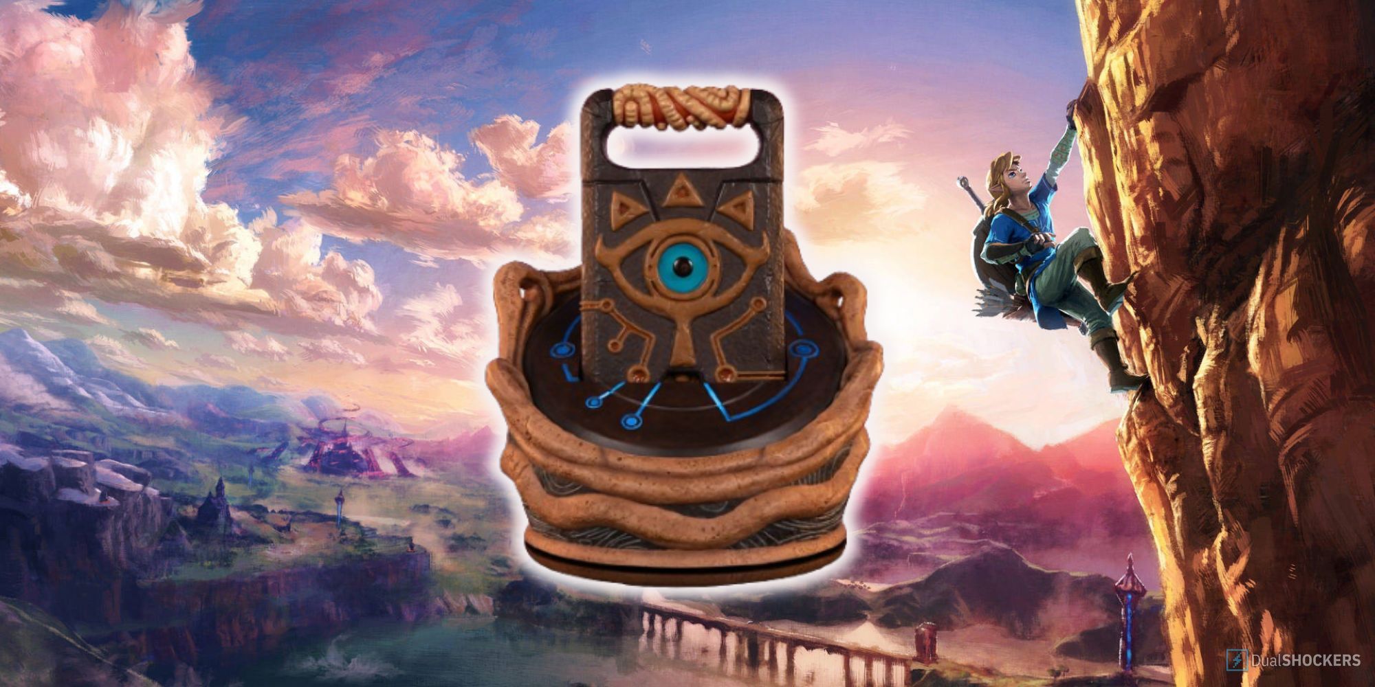 Still of the Sheikah Slate statue from The Legend of Zelda: Breath of the Wild on a background of Hyrule