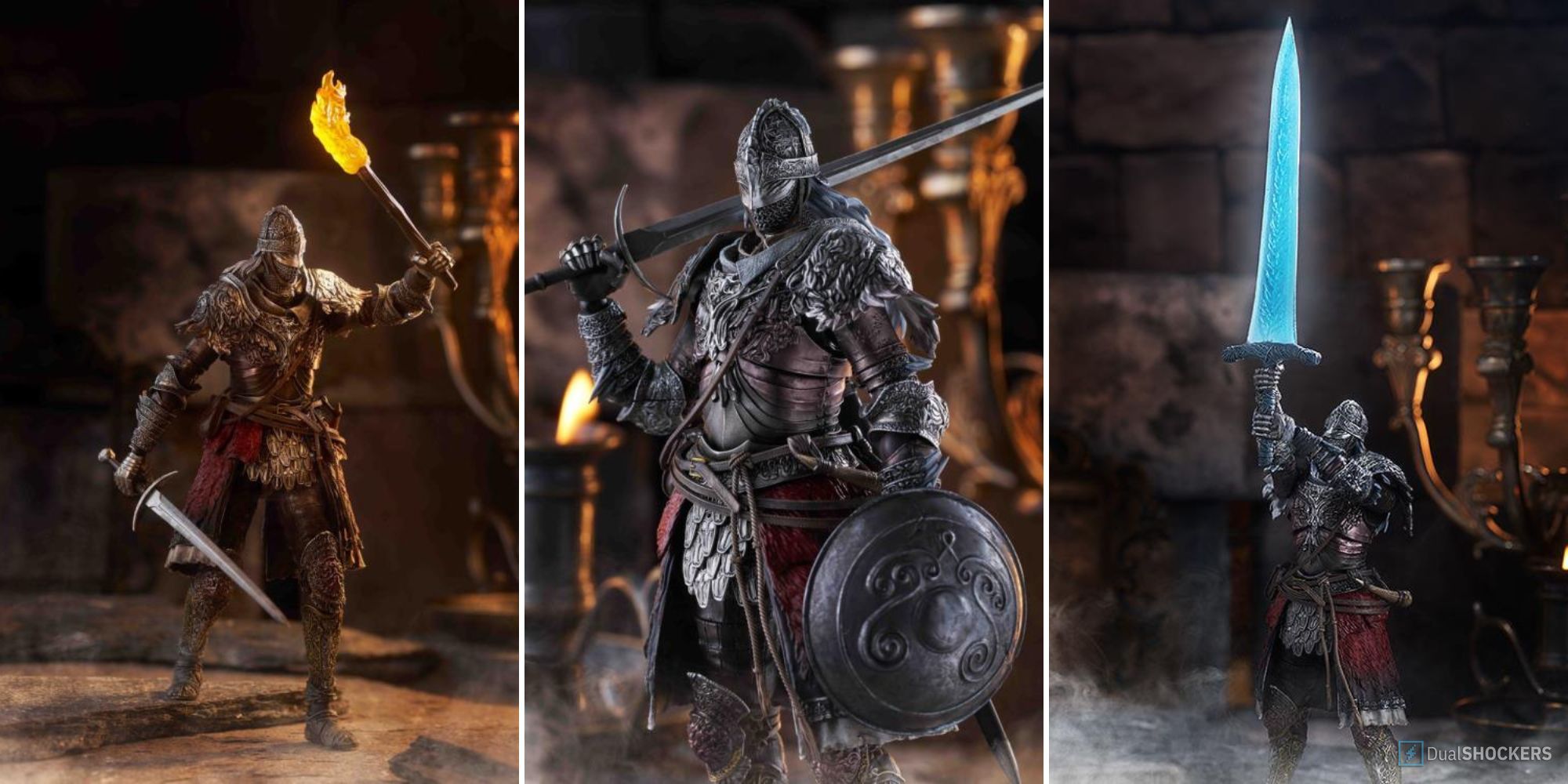 Split image showing different poses of the Elden Ring Raging Wolf Figma Figure holding a torch, a sword and shield and a sword glowing blue.
