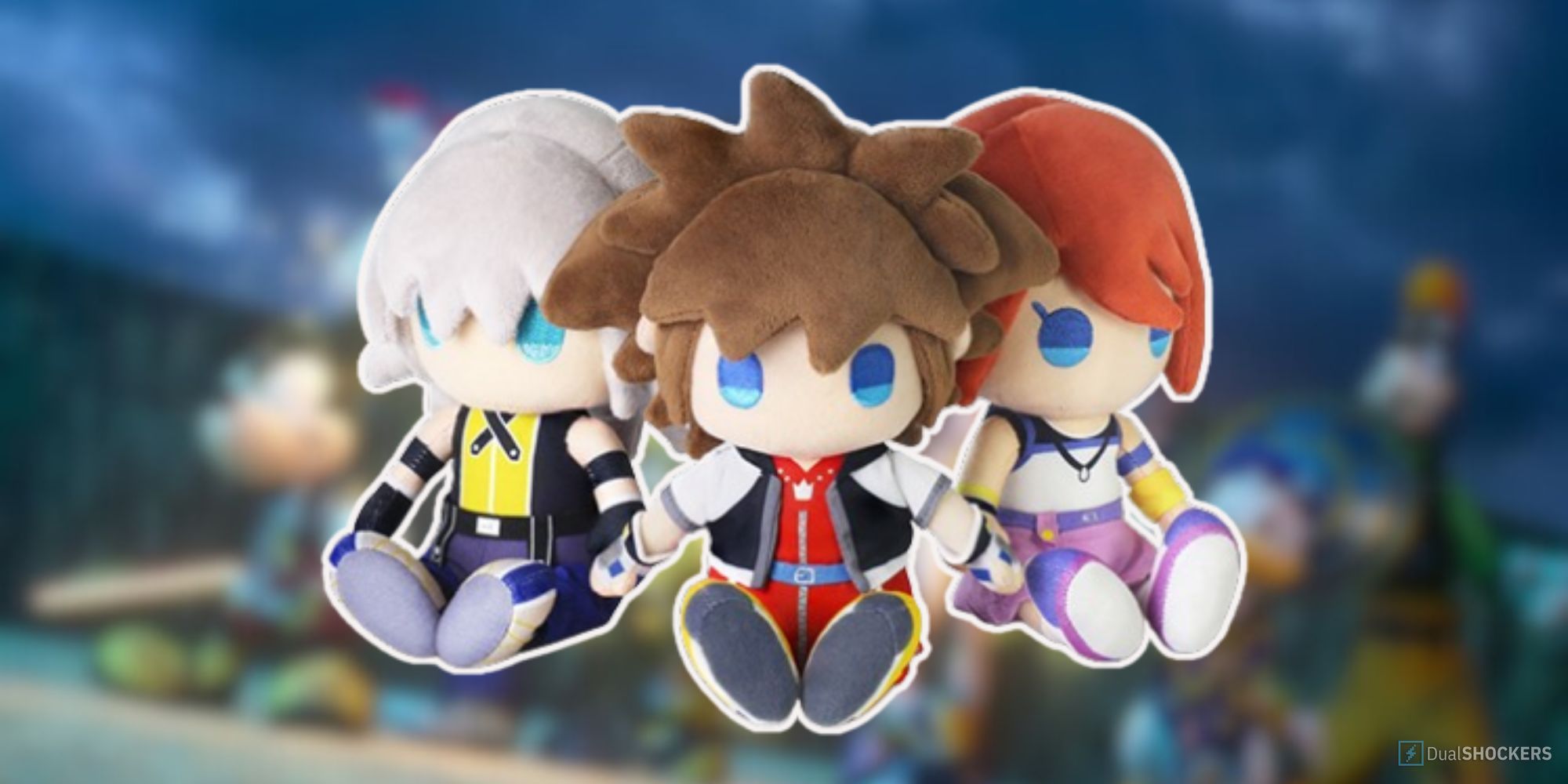 Feature image on a blurry background with three Kingdom Hearts Plushes in the foreground.