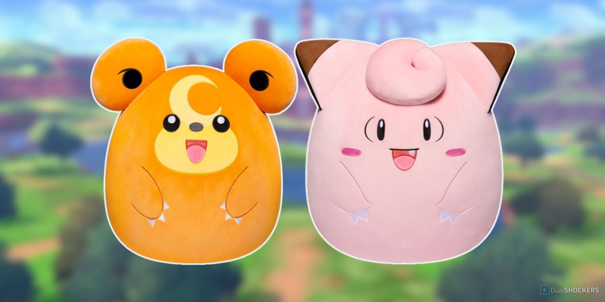 Feature image with blurred wilds background and the Clefairy and Teddiursa Squishmallows in the foreground