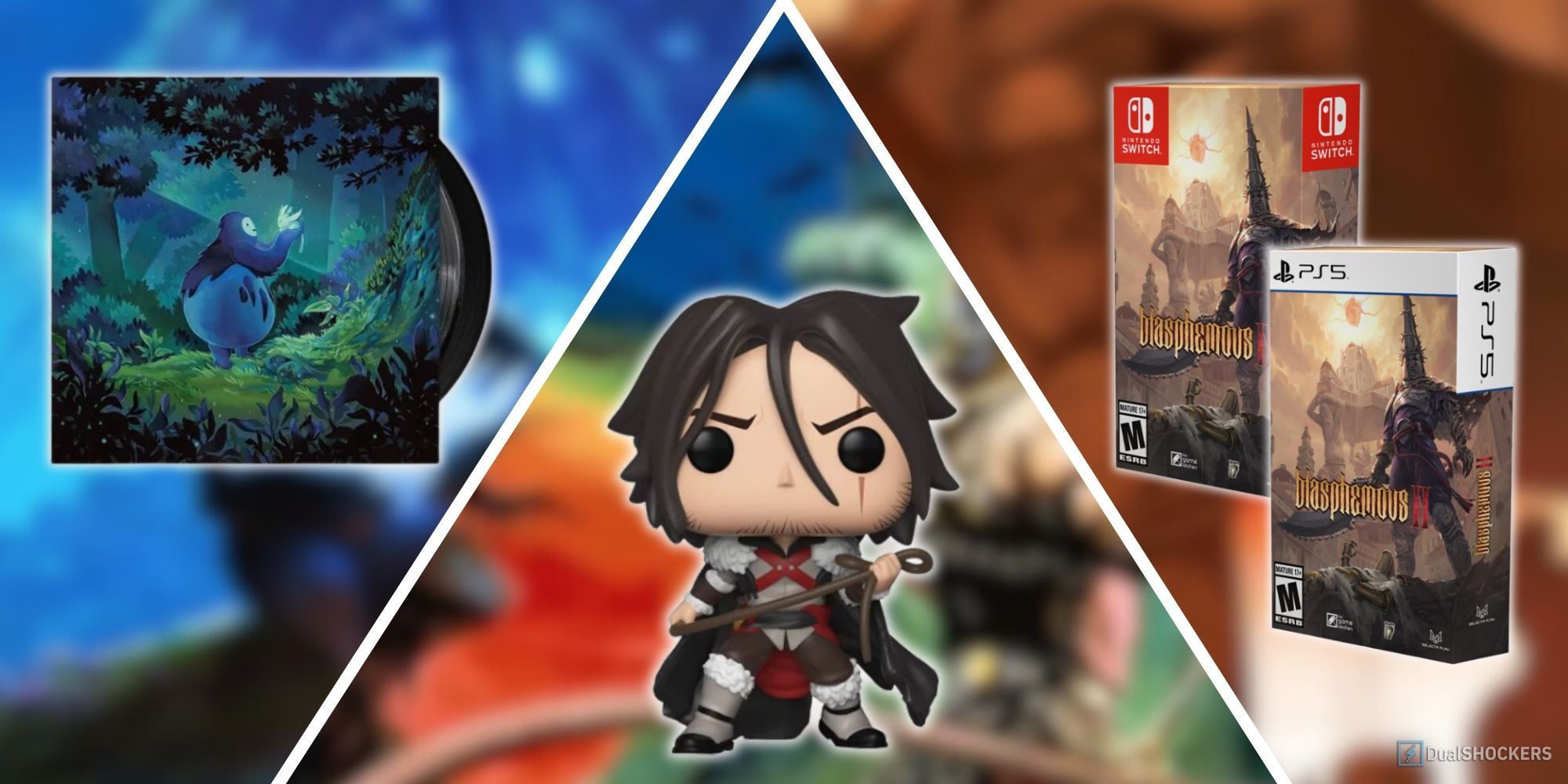 Split feature image of the Ori and the Blind Forest vinyl, Trevor Belmont Funko Pop, and the Blasphemous 2 Limited Edition