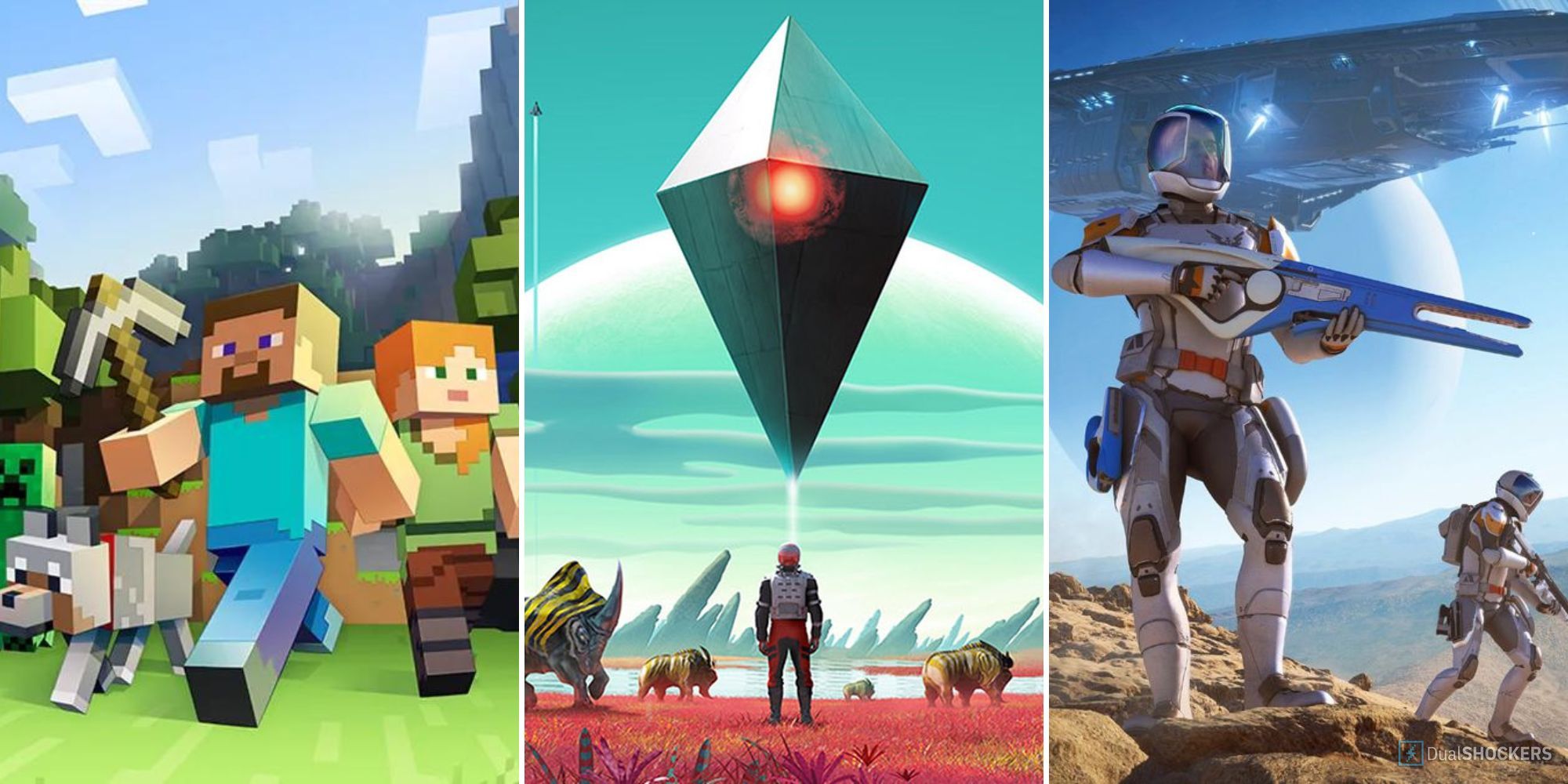 Split feature image with cover stills from Minecraft, No Man's Sky, Elite: Dangerous