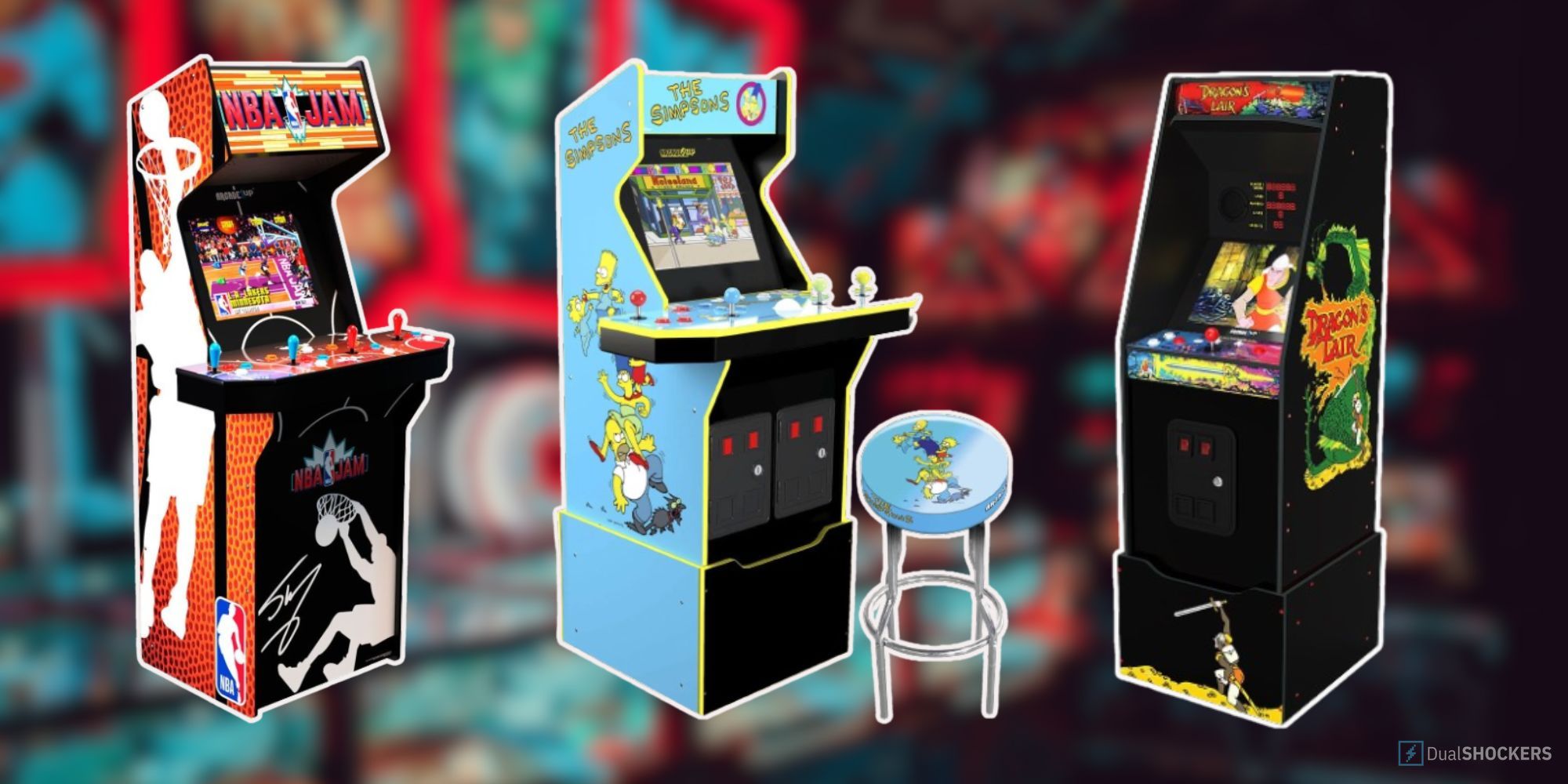 Feature image with blurry arcade background and the Arcade1Up Gaming Cabinets NBA Jam, The Simpsons, Dragon's Lair gaming cabinets in the front.