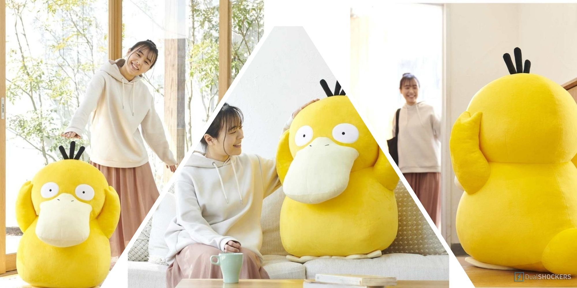 Split feature image of three photos with a lady sitting in her home with the Psyduck plush.