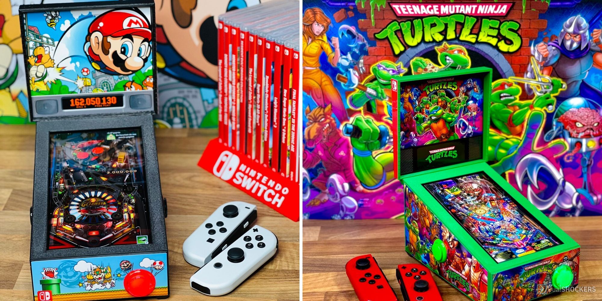 Split feature image with Mario and TMNT mini pinball cabinets side by side