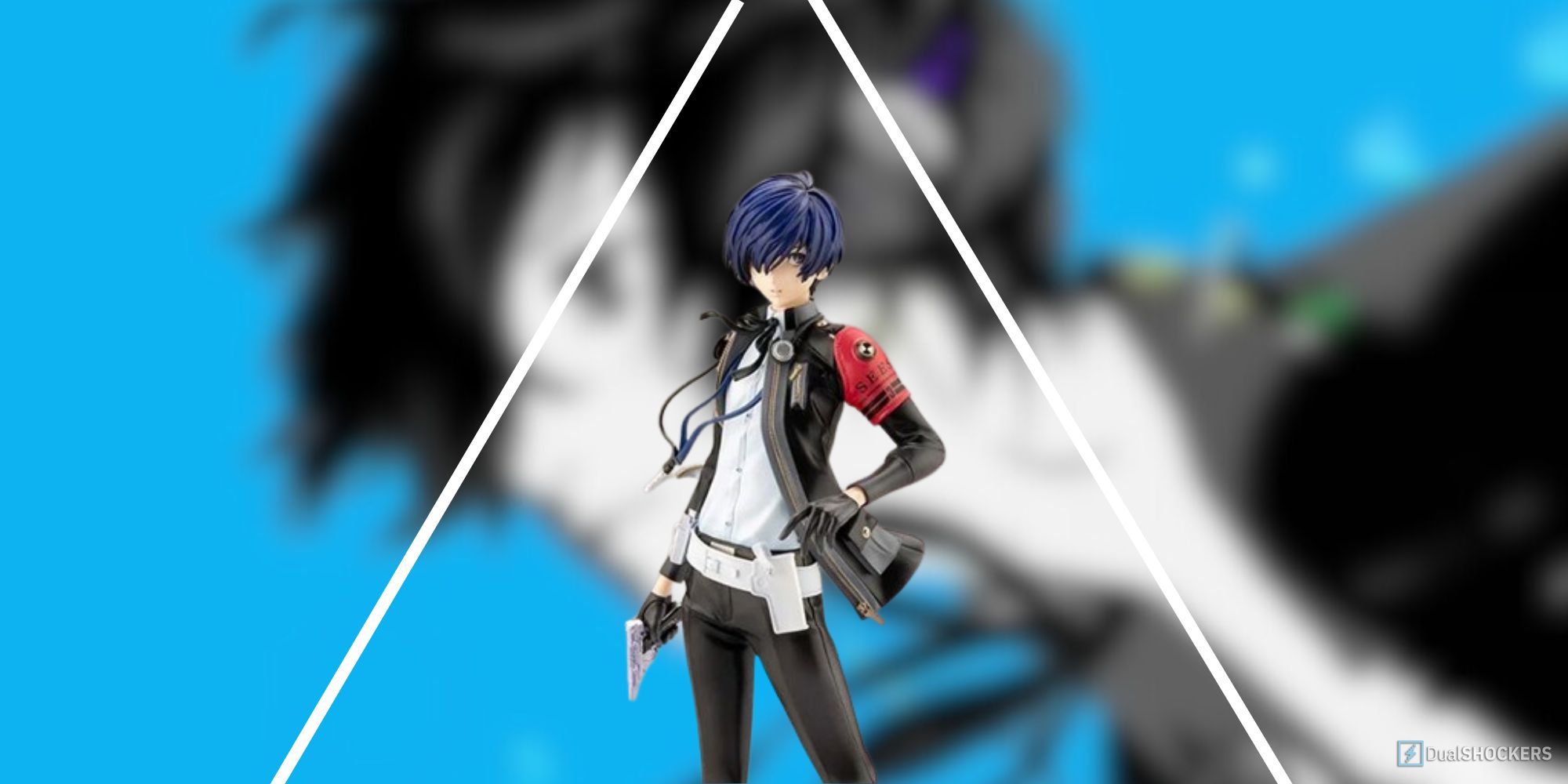 Split feature image with the blue Persona 3 Reload cover art blurred in the background and The Protagonist statue in the foreground.