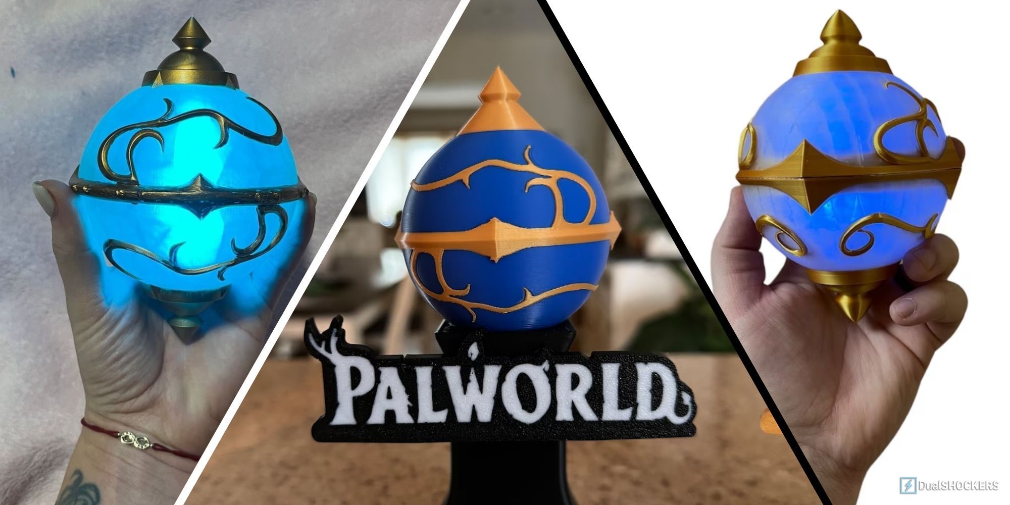Imagem dividida com três réplicas do Pal Sphere da Palworld em um estande e na mão do vendedor.