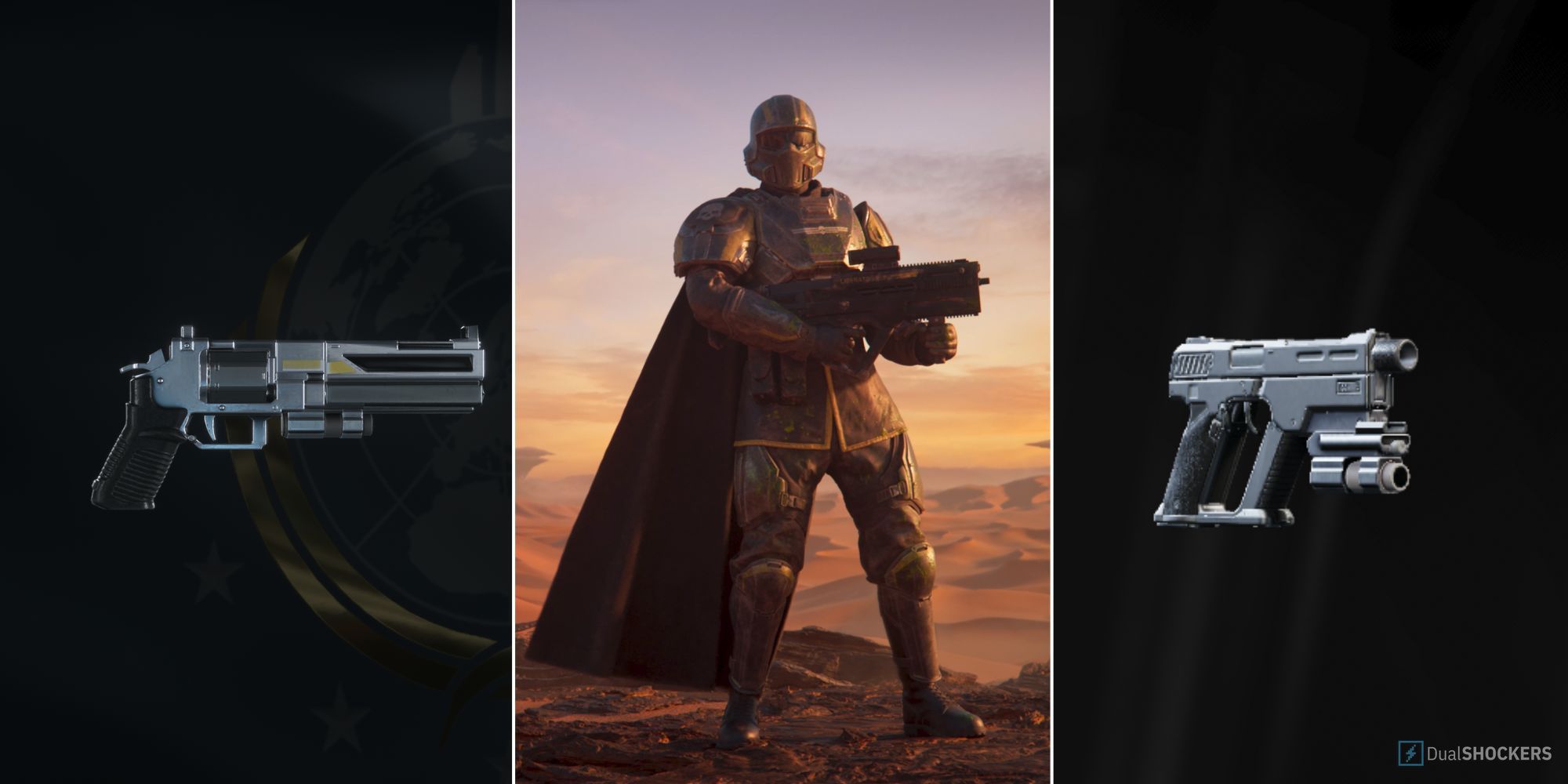 two secondary weapons from helldivers 2 alongside an image of a helldiver
