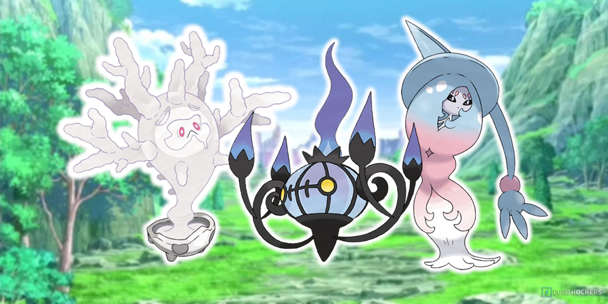 Cursola, Chandelure, and Hatterene beside each other.