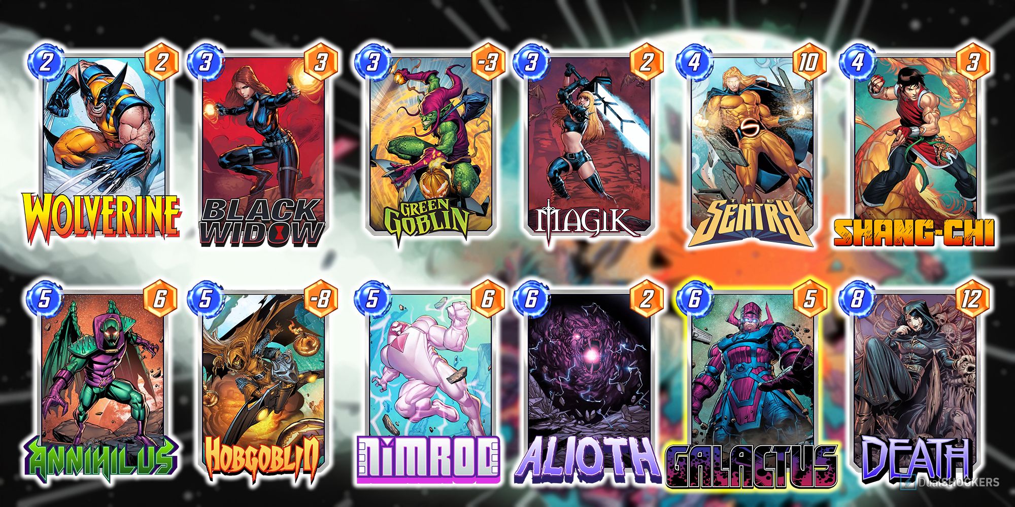 Marvel Snap deck comprised of Wolverine, Black Widow, Green Goblin, Magik, Sentry, Shang-Chi, Annihilus, Hobgoblin, Nimrod, Galactus, and Death.