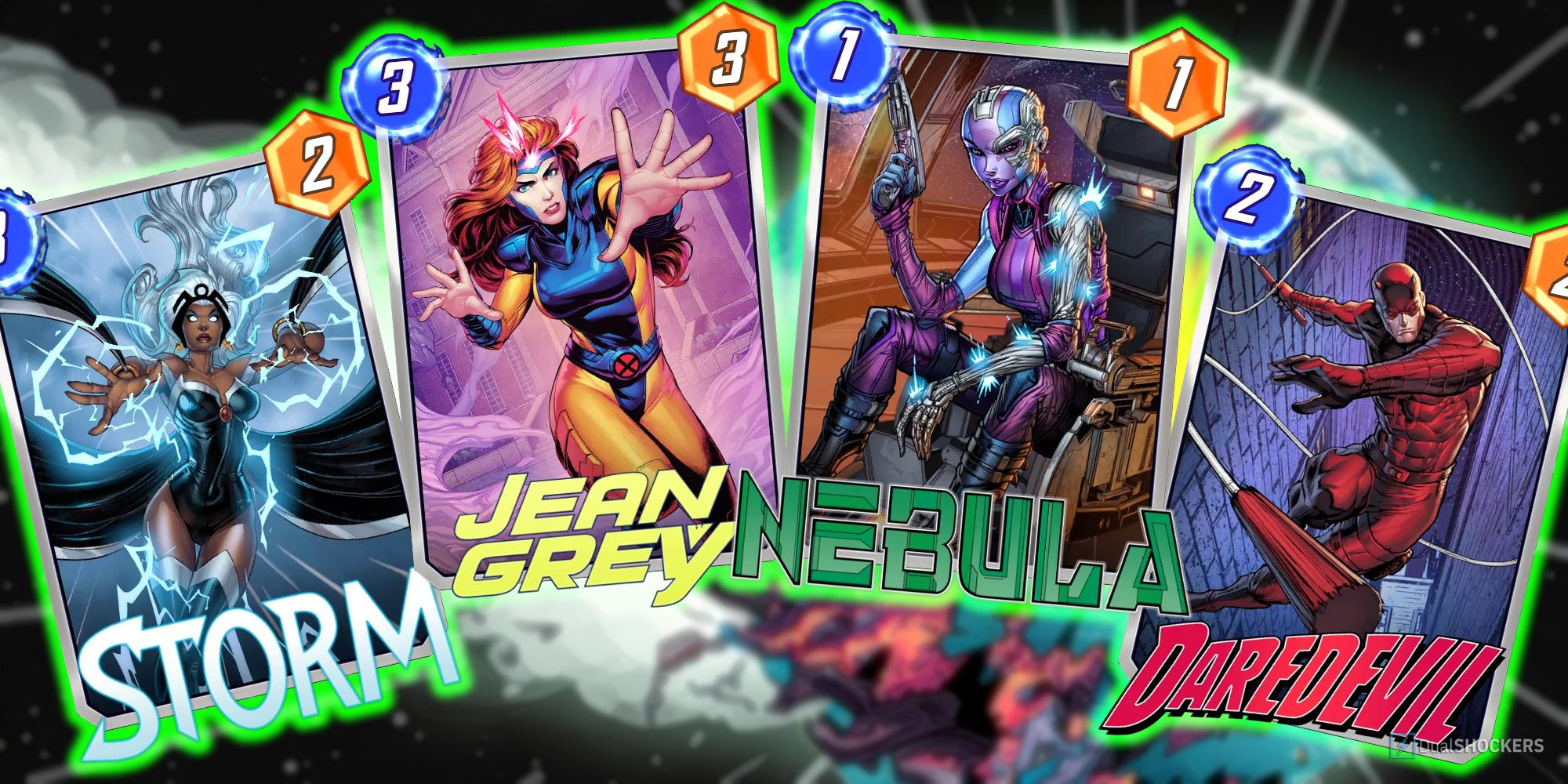 Marvel Snap cards for Storm, Jean Grey, Nebula, and Daredevil.