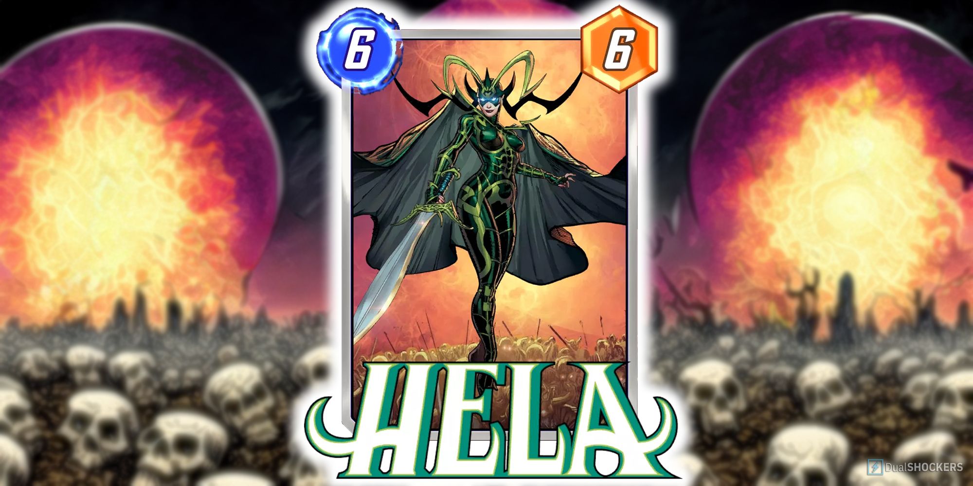 Marvel Snap's Hela card with an army of dead in the background.